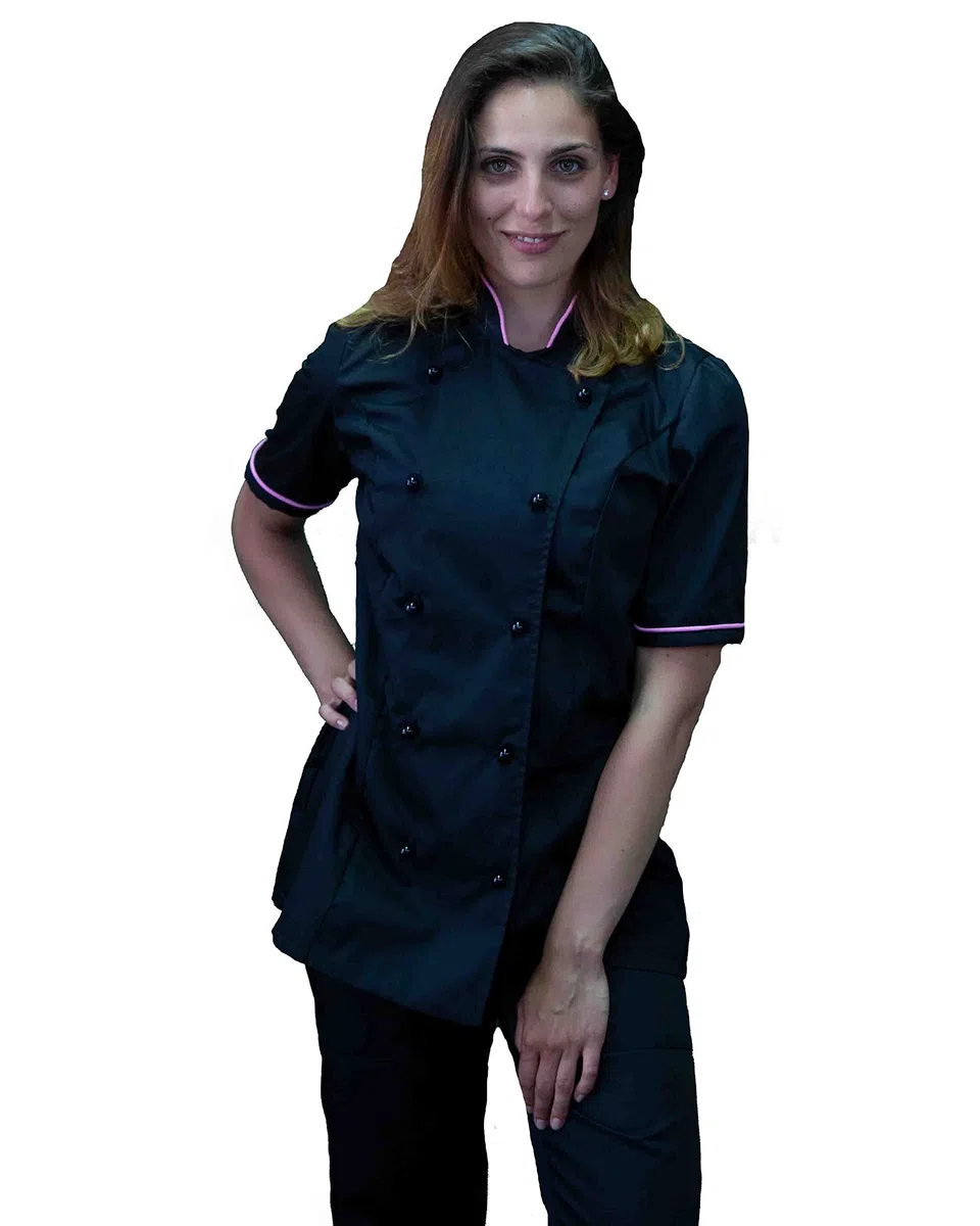 Bordado gratis – Chaqueta cocinera mujer – Casaca Chef negra y rosa – Uniforme personalizable para cocina y restaurante – Manga corta – Fabricado en Italia, Negro Y Rosa M/C,