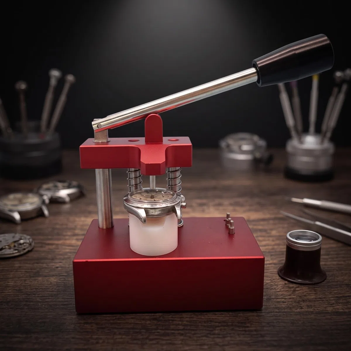 Milageto Dispositivo de Reparación de Relojes Herramienta Manual para Extraer y Colocar Tubos y Pasadores con Base Metálica Estable y Palanca de Acero