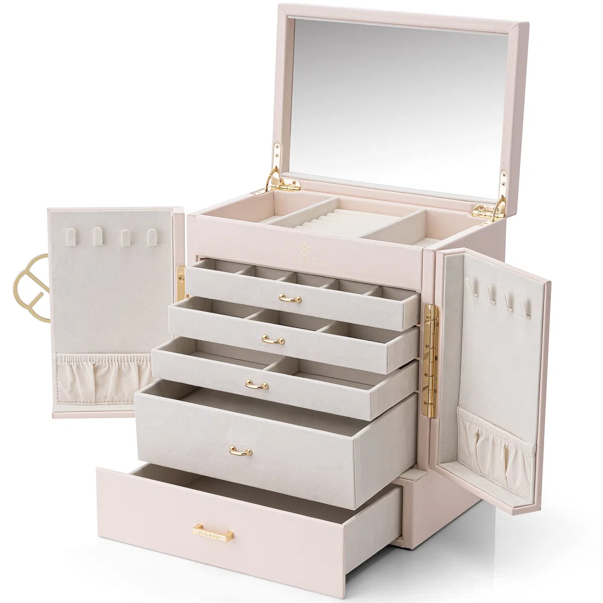 Vlando Joyero para mujer, organizador de joyas con 5 dibujos, cajas de joyería de piel sintética para mujeres y niñas, collar y anillos, caja de almacenamiento color blanco albaricoque