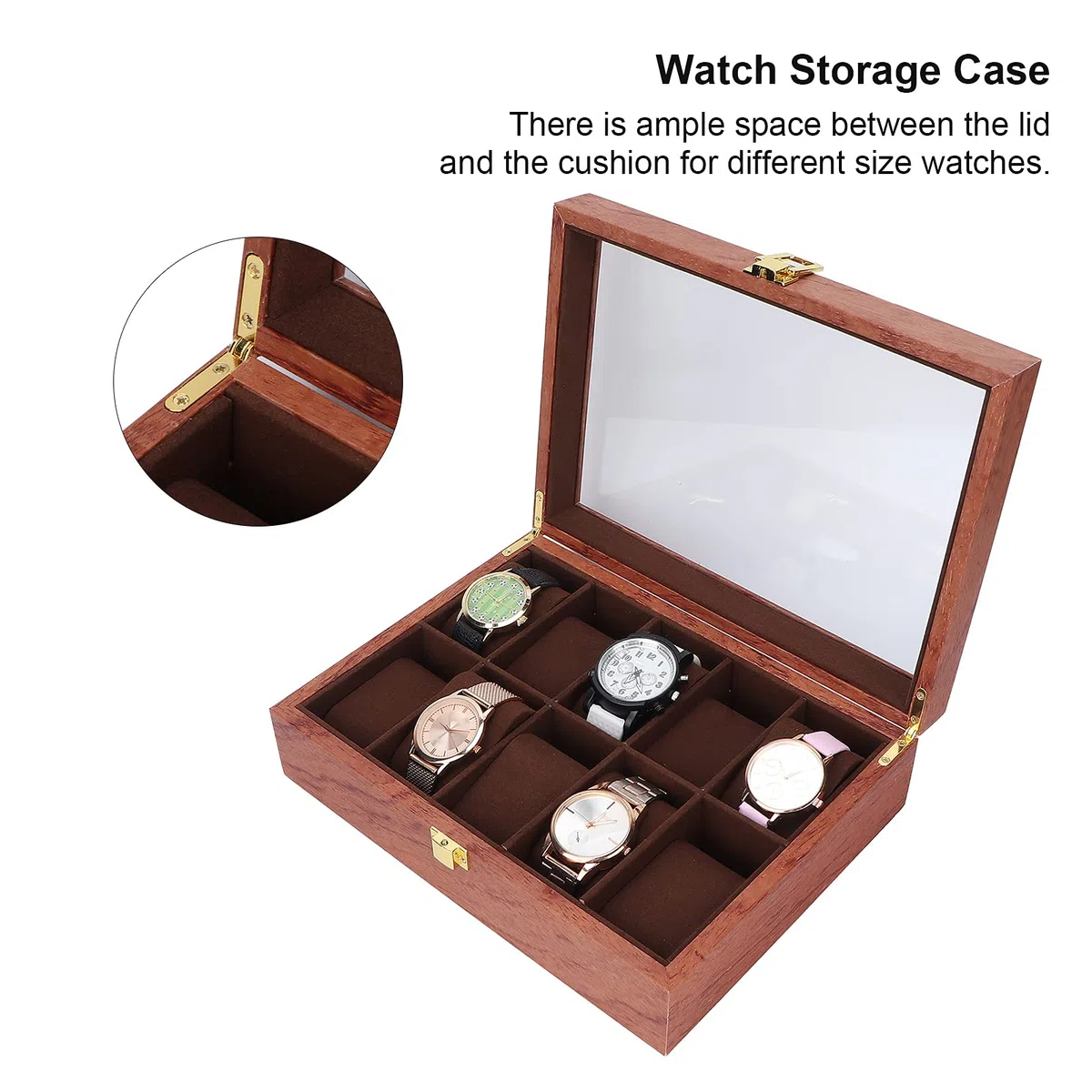 ZJchao Caja de Reloj de 10 Ranuras para Hombres y Mujeres, Caja de visualización de Relojes de Madera, Almohada Suave, Organizador de Relojes, Caja de Almacenamiento de Relojes con Tapa de Vidrio
