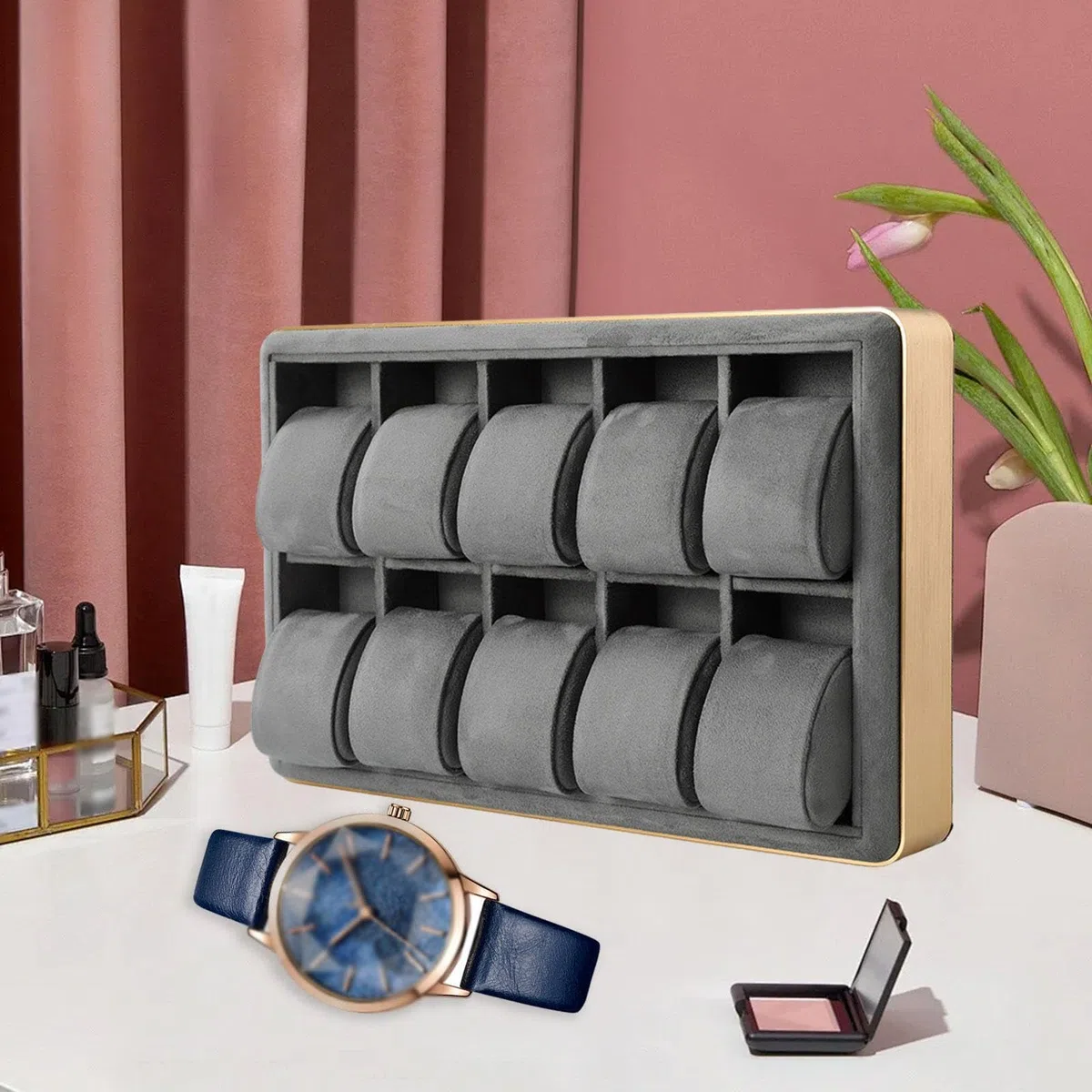 Milageto Bandeja de Relojes Estuche de Aluminio para Diez Relojes Y Organización de Joyas Adecuado para Coleccionistas Exhibición de Joyería Tocador Tienda, Gris, universal