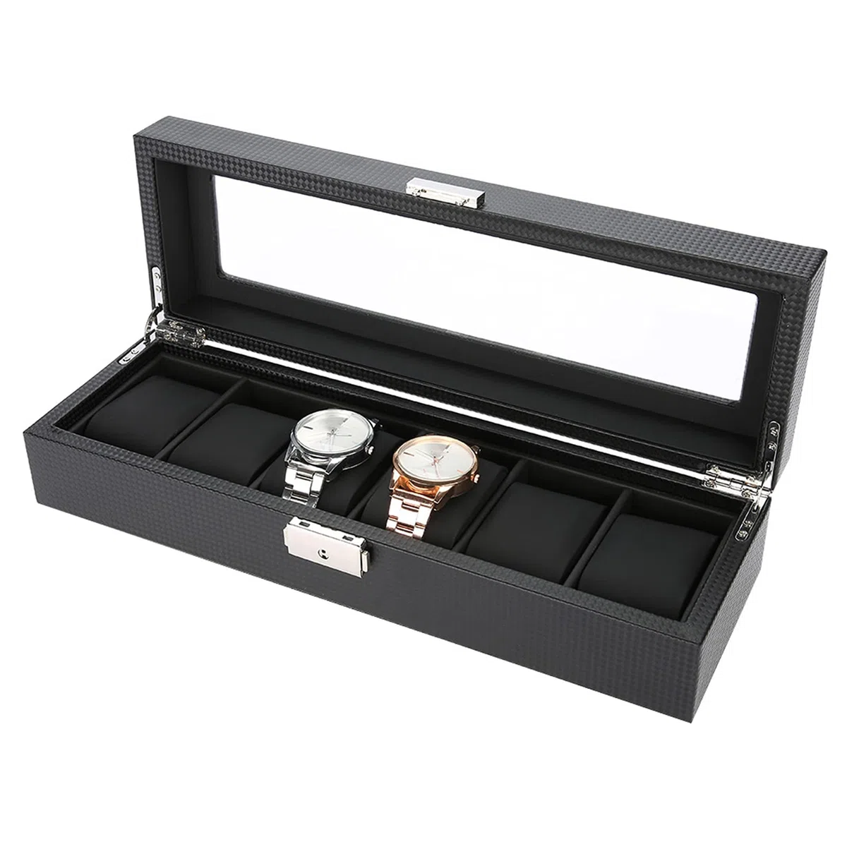 Caja de reloj, 6 rejillas PU Soporte de reloj de cuero de fibra de carbono Caja de exhibición de Estuche para Relojes con Tapa de Cristal Cuero Sintético y Forro Negro
