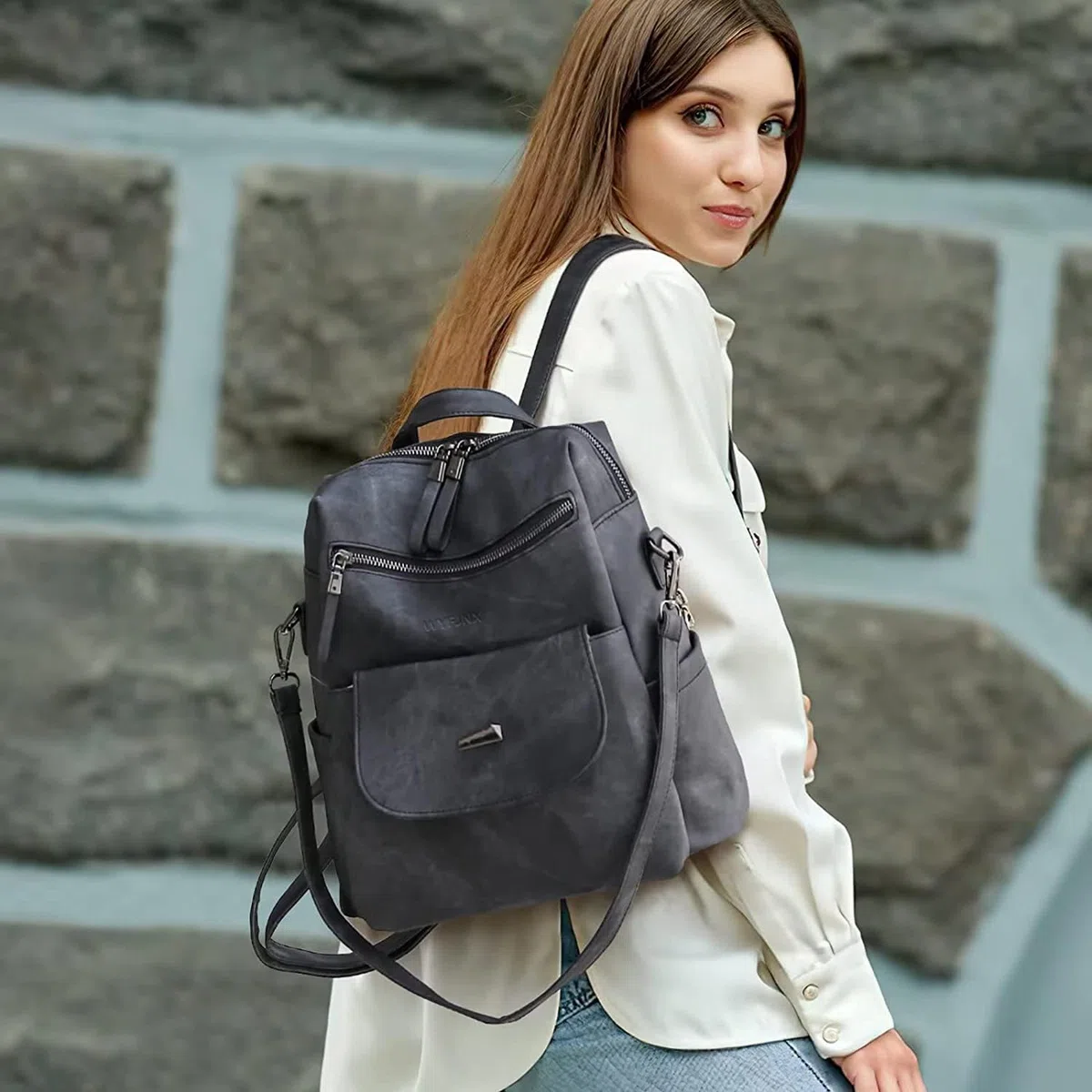 WYFJNX Mochila de piel sintética para mujer, diseño multiusos, bolso de hombro para mujer, mochila de viaje, Negro -, 12“*11“*5“, Mochilas de viaje