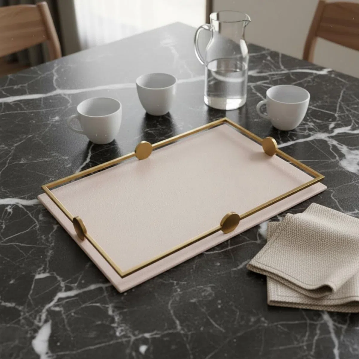 Yajuyi Bandeja Decorativa Organizador de Joyas Bandeja de Servicio Rectangular Bandeja de Exhibición de Cuero Bandeja de Almacenaje Metálica Adecuada para Dormitorio Cuarto de Baño Hogar, Beige
