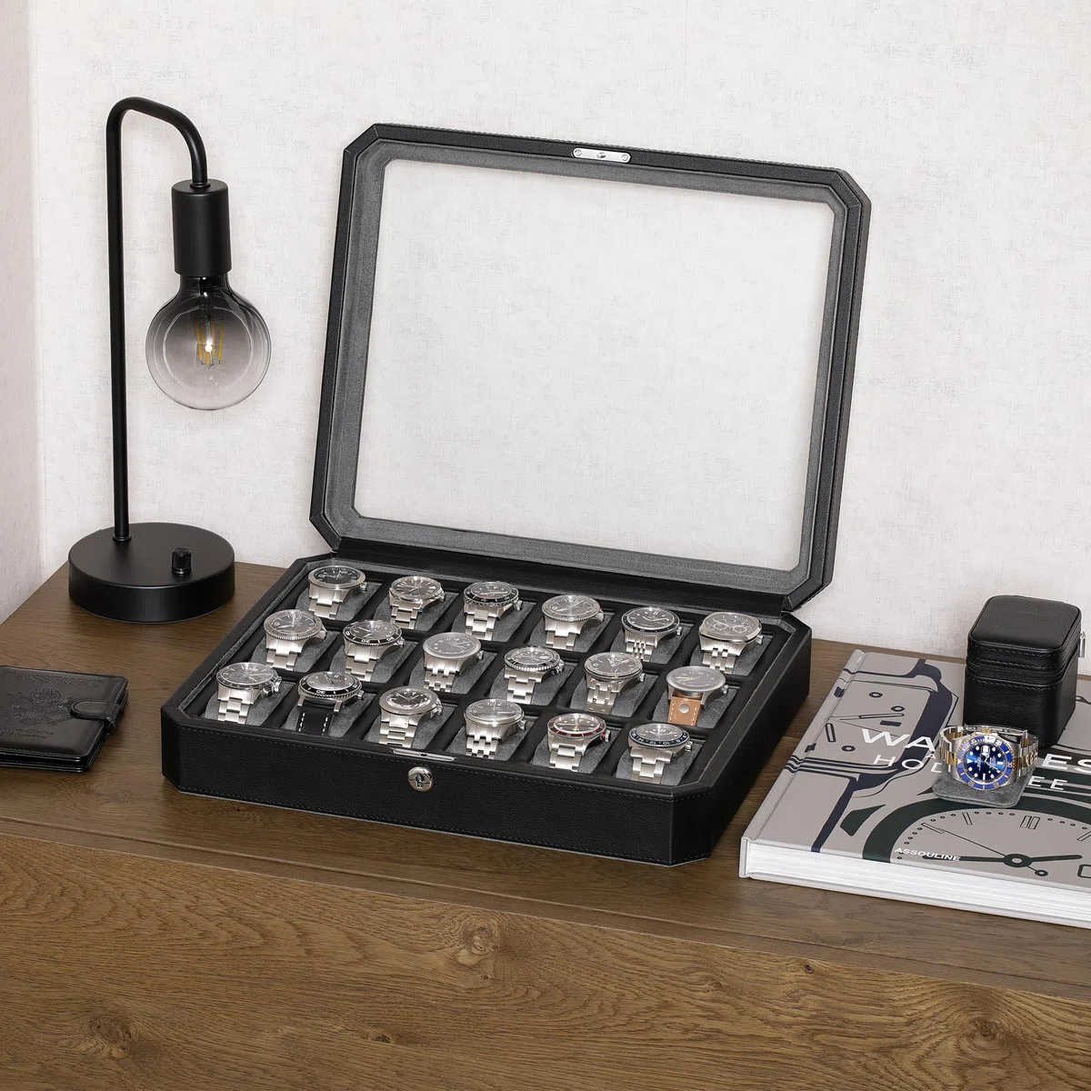 ROTHWELL Caja de Reloj de Cuero con 12 Ranuras para Hombres - Organizador de exhibición de Caja de Reloj de Lujo, Soporte para Cajas de Almacenamiento para Hombres, Tapa de Vidrio Grande