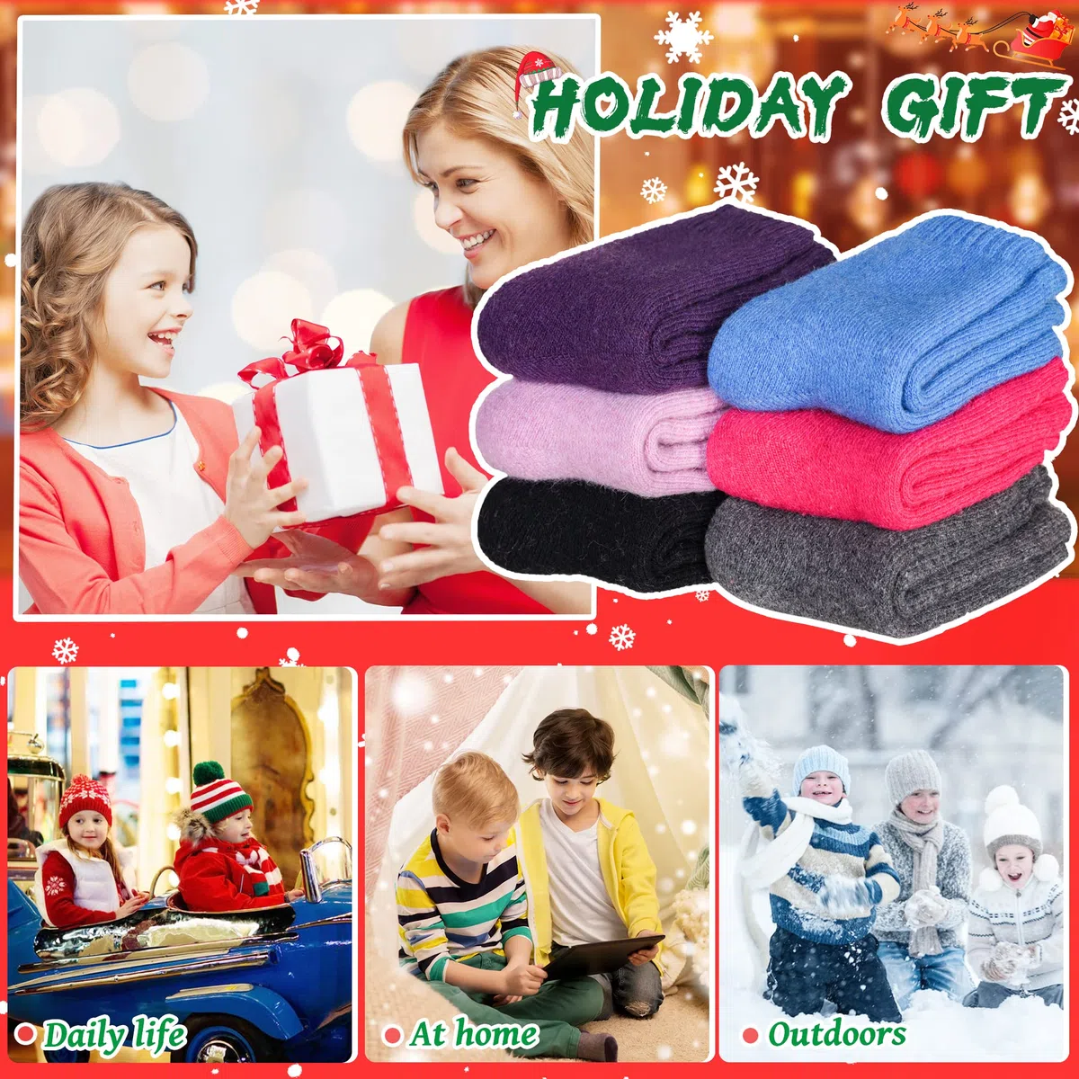 DoSmart Children's Winter Warm Wool Solid Color Socks Kids Boy Girls Hiking Thermal Boot Crew Socks 6 pares