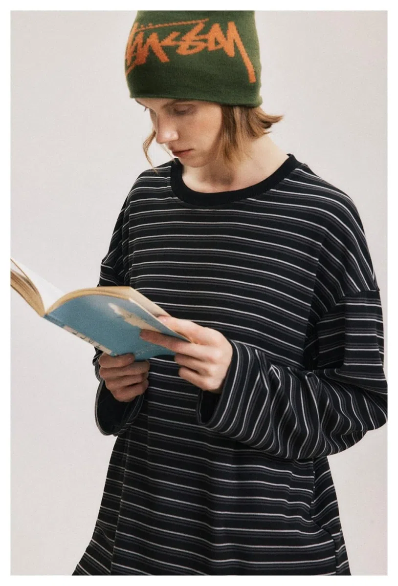 Camiseta Unisex De Algodón Pesado, Camiseta De Manga Corta Informal, Suave Y De Gran Tamaño,Básica,Camiseta A Rayas De Manga Larga, Cuello Redondo Holgado.,Negro,l