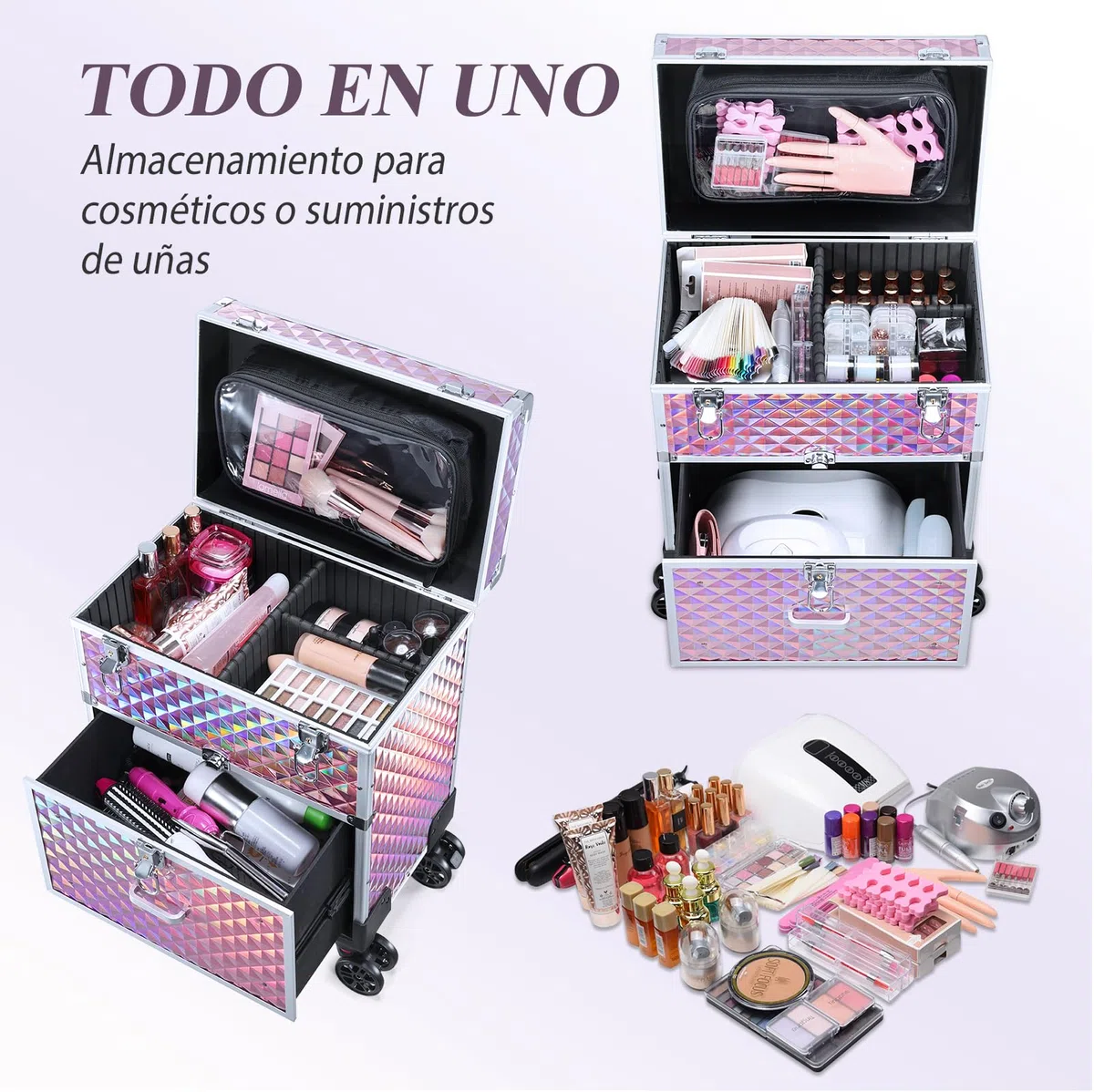 Maleta Maquillaje con Ruedas Maletín Maquillaje Profesional con Cajones, Maletín de peluquería Caja Maquillaje para para Maquilladores, Peluqueros y Técnicos de Uñas, con Bolso Desmontable, Rosa