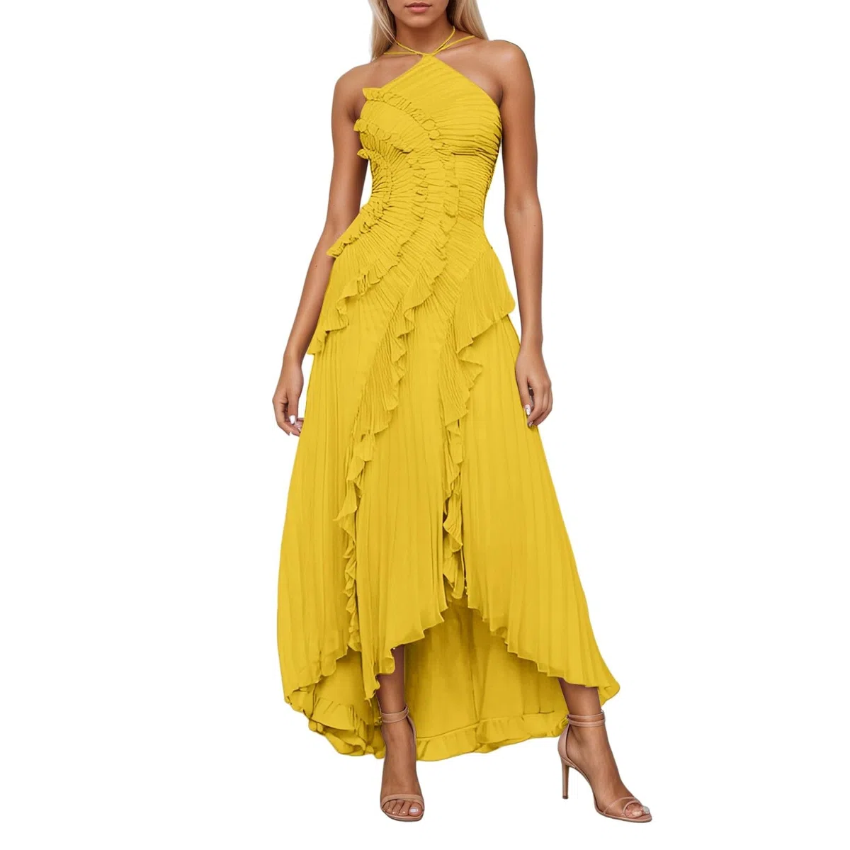 Generisch Vestido sin mangas para mujer con banda en el cuello, monocolor, vestido de gasa, elegante vestido largo con ribete de volantes, diseño envolvente, abertura lateral, moderno, vestido de