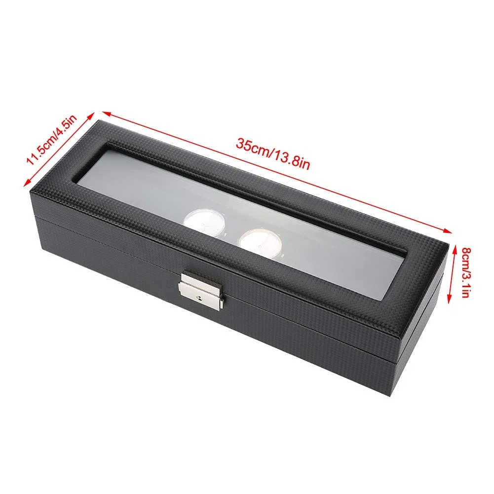 Caja de reloj, 6 rejillas PU Soporte de reloj de cuero de fibra de carbono Caja de exhibición de Estuche para Relojes con Tapa de Cristal Cuero Sintético y Forro Negro