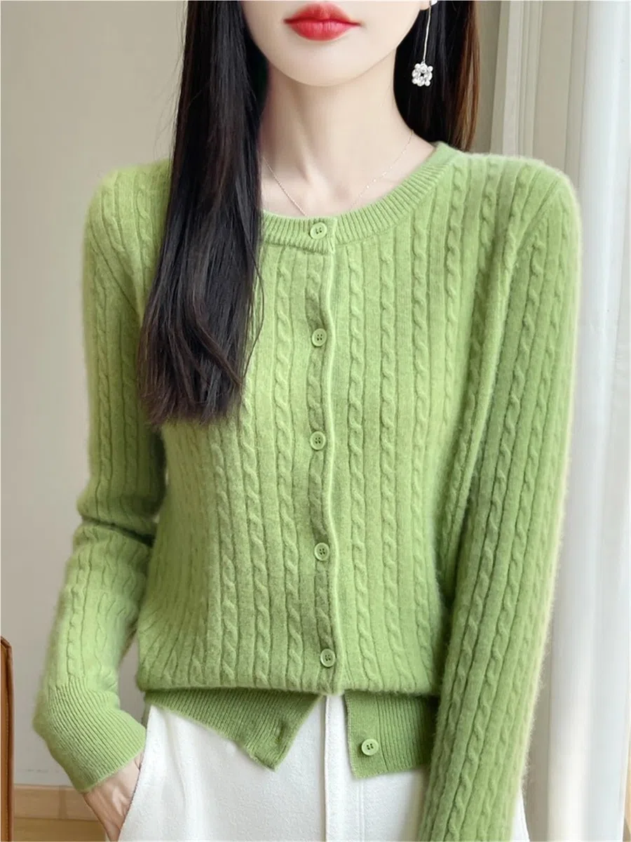 1 Pieza Otoño Invierno Mujer Suéter Cuello Redondo Rebeca de Punto Trenzado Ropa Casual Manga Larga Tops para Uso Diario Y Actividades