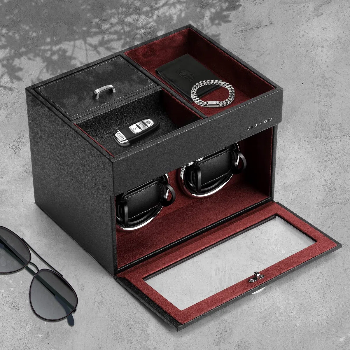 Vlando Vitrina Automática para 2 Relojes, Caja Giratoria de Cuero con Almacenamiento de Joyas, Motor Silencioso Japonés, Iluminación LED, Adaptador de Corriente Alterna, Caja de Movimiento de Relojes