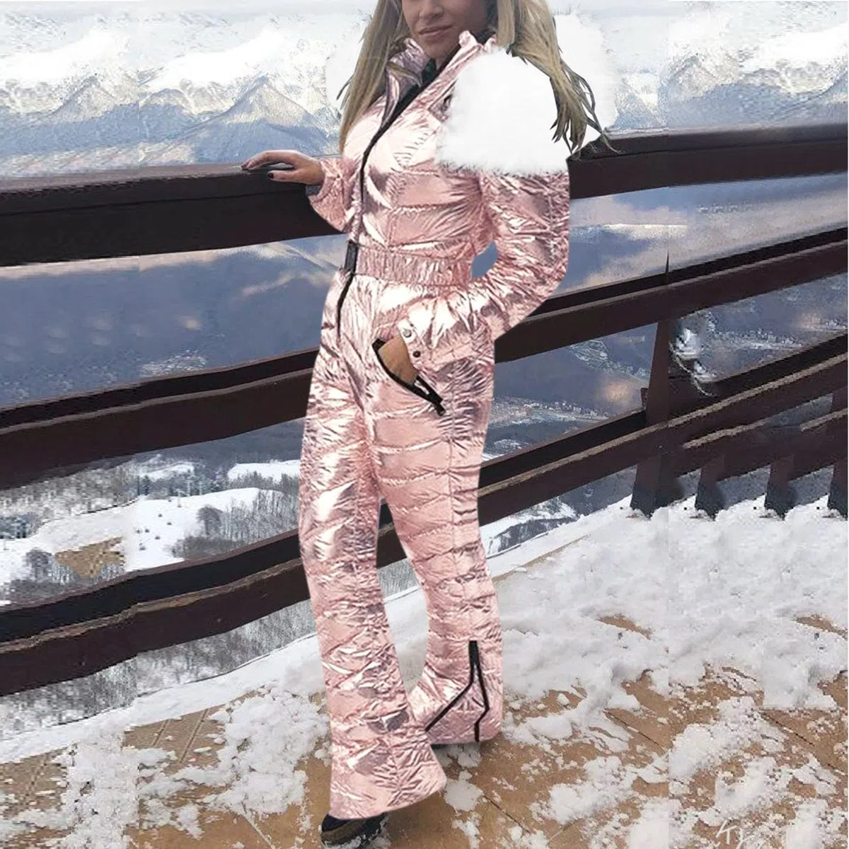 Traje de esquí metálico brillante para mujer, overol de nieve de invierno de alto brillo con capucha de piel sintética desmontable, equipo de esquí impermeable y resistente al viento, traje de esquí
