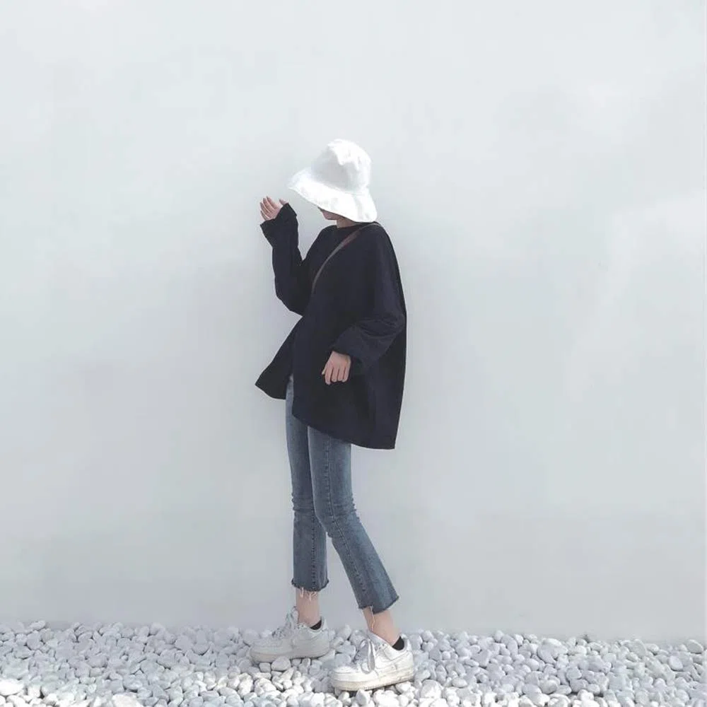 ZZAI Tops Divididos De Primavera Y Otoño - Camisetas De Manga Larga Finas Sueltas - Tops para Niñas,Black