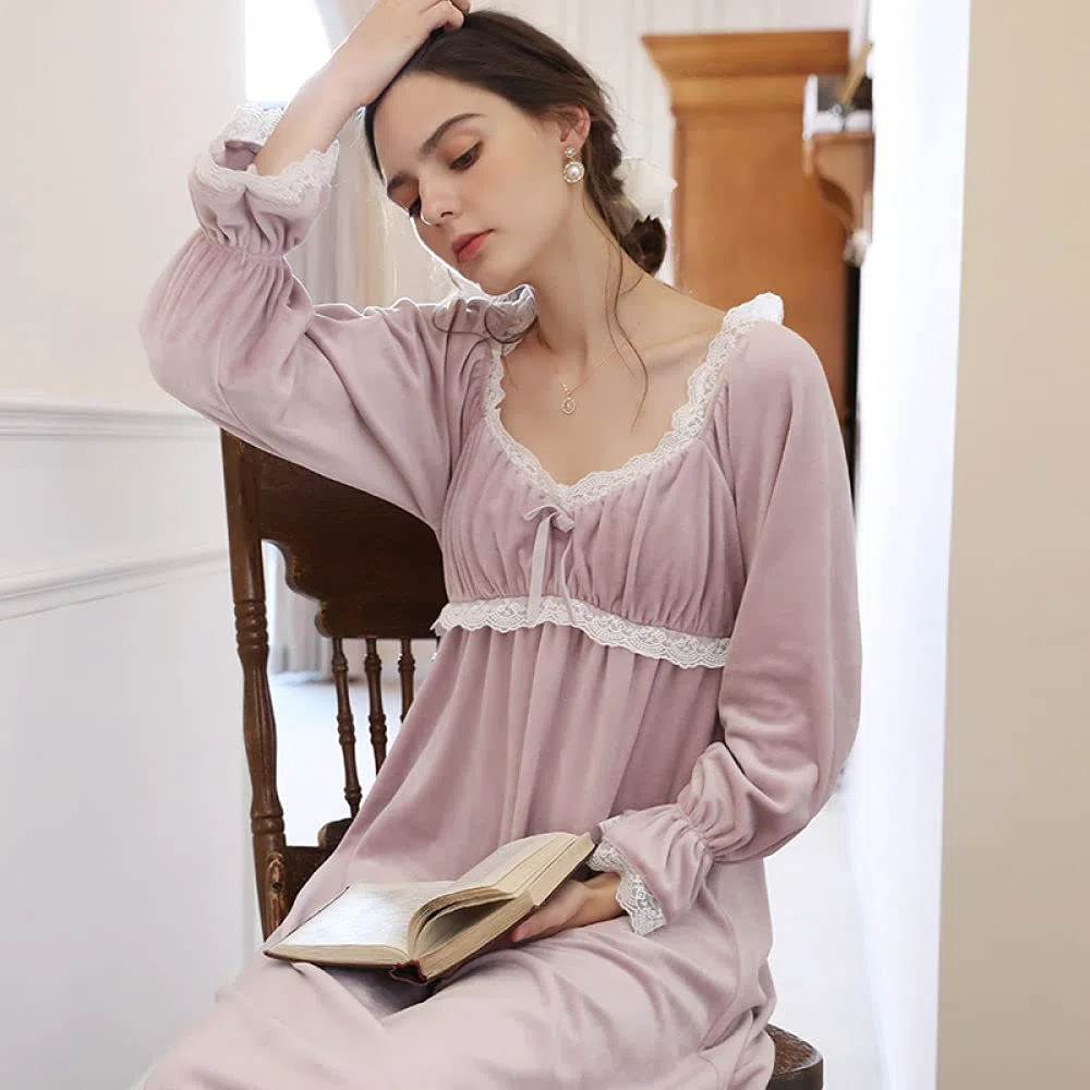Camisón De Noche Para Mujer,Camisones De Mujer De Manga Larga Púrpura Sexy Moda De Encaje En V Profundo Camisón De Franela Suave Cuello En V Suelto Bata Informal Camisón Largo Ropa De Hogar De I