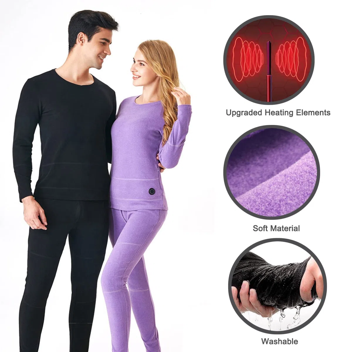 Conjunto de ropa interior térmica para hombres Camisas térmicas de manga larga con calefacción Pantalones Capa base con calefacción eléctrica USB Adecuado para acampar en invierno (Negro XXL) (N