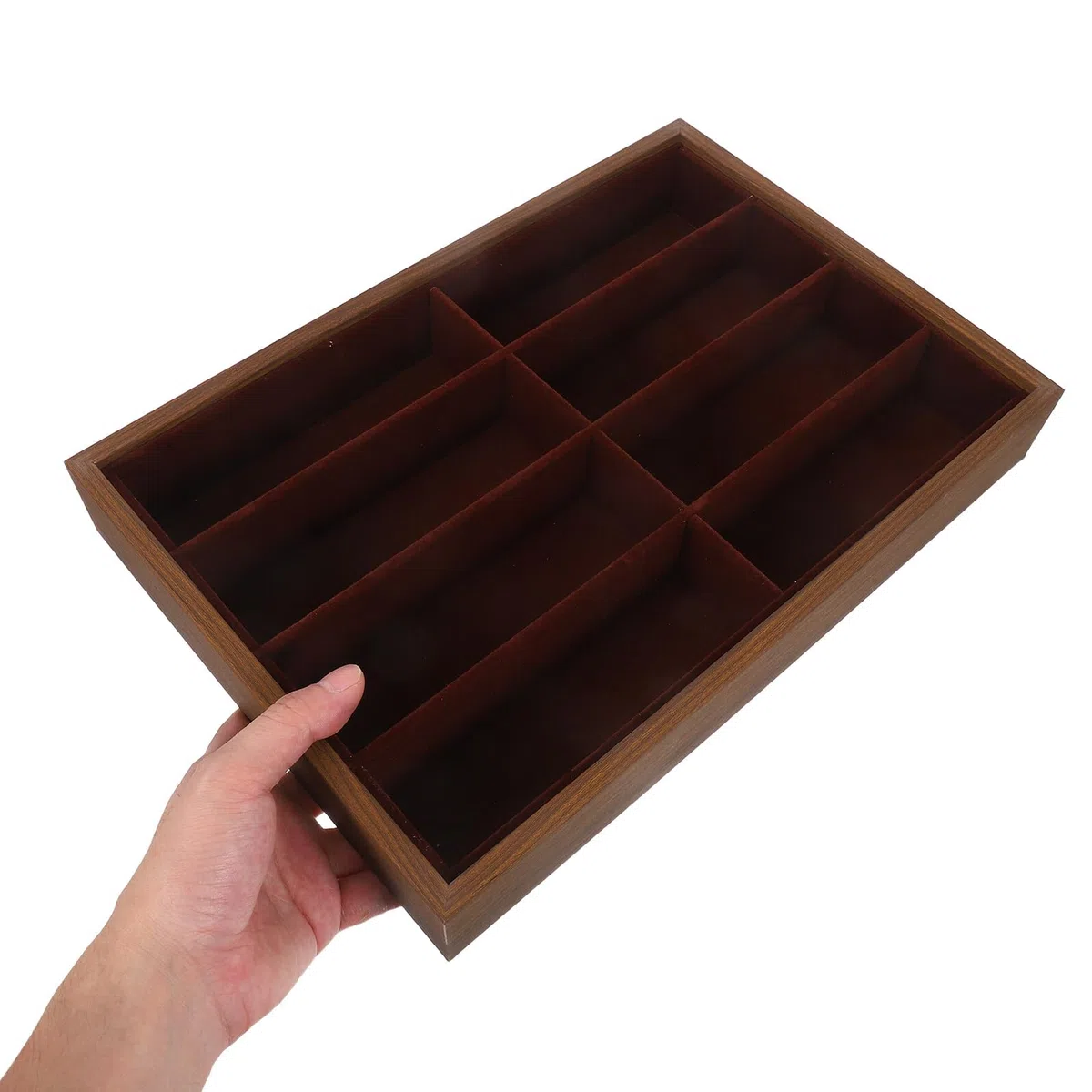 Bandeja Organizadora para Gafas 8 Compartimentos en Madera Nogal Piel, Estuche sin Tapa para Almacenamiento de Gafas de Sol y Exhibición de Joyas, Soporte Multiusos para Hogar