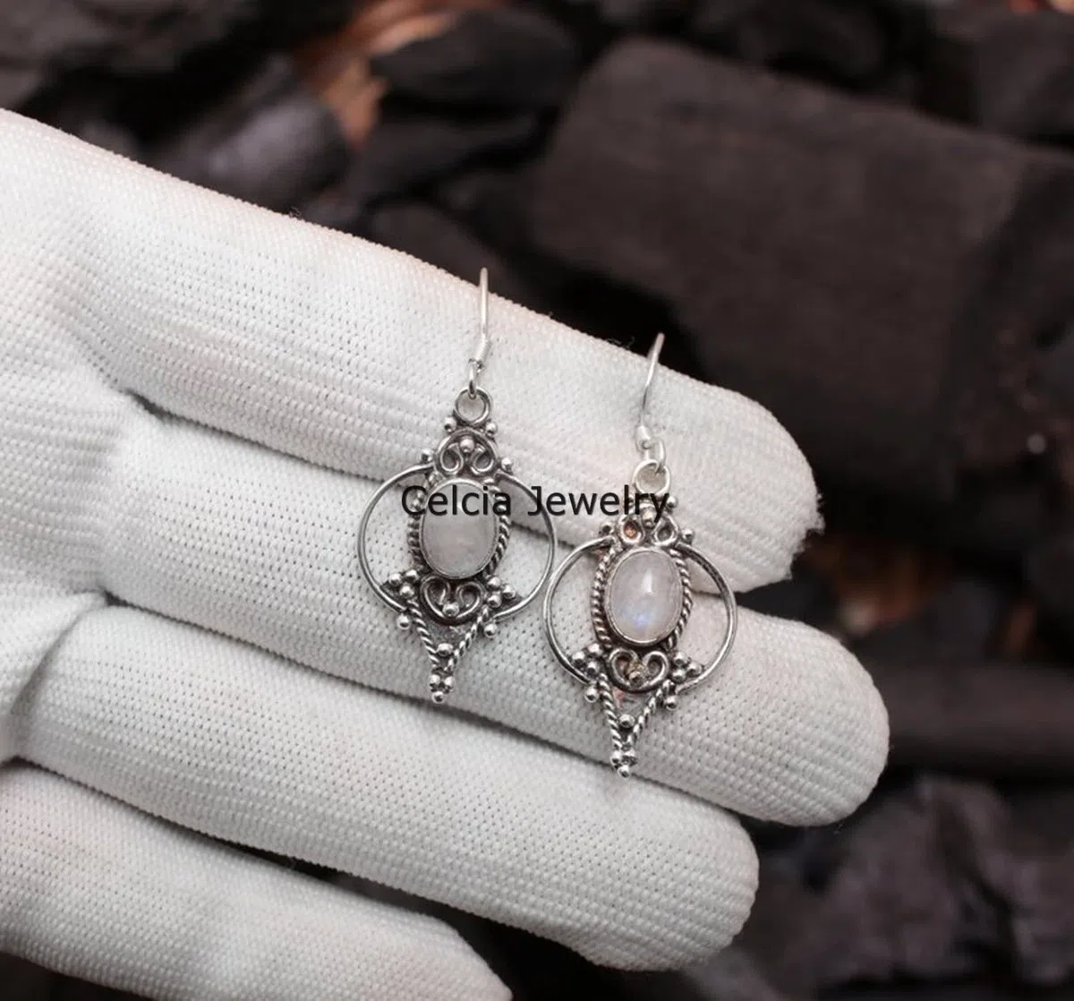 Pendientes colgantes de plata de ley 925 maciza para mujer, piedra lunar genuina, hechos a mano únicos, pendientes de regalo de piedra natal de junio para ella