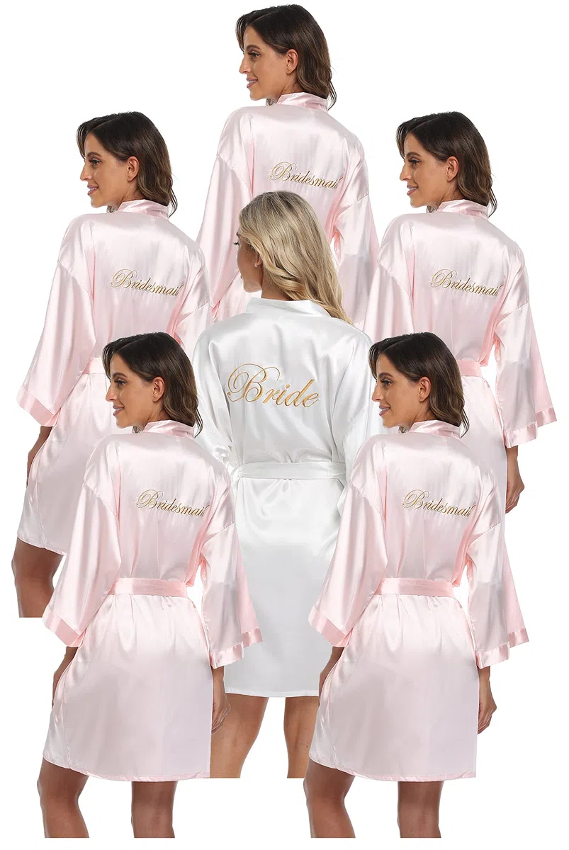 Juego de 6 batas de satén para mujer, para boda, fiesta, novia, dama de honor, kimono, despedida de soltera, prepararse, bata de baño sedosa