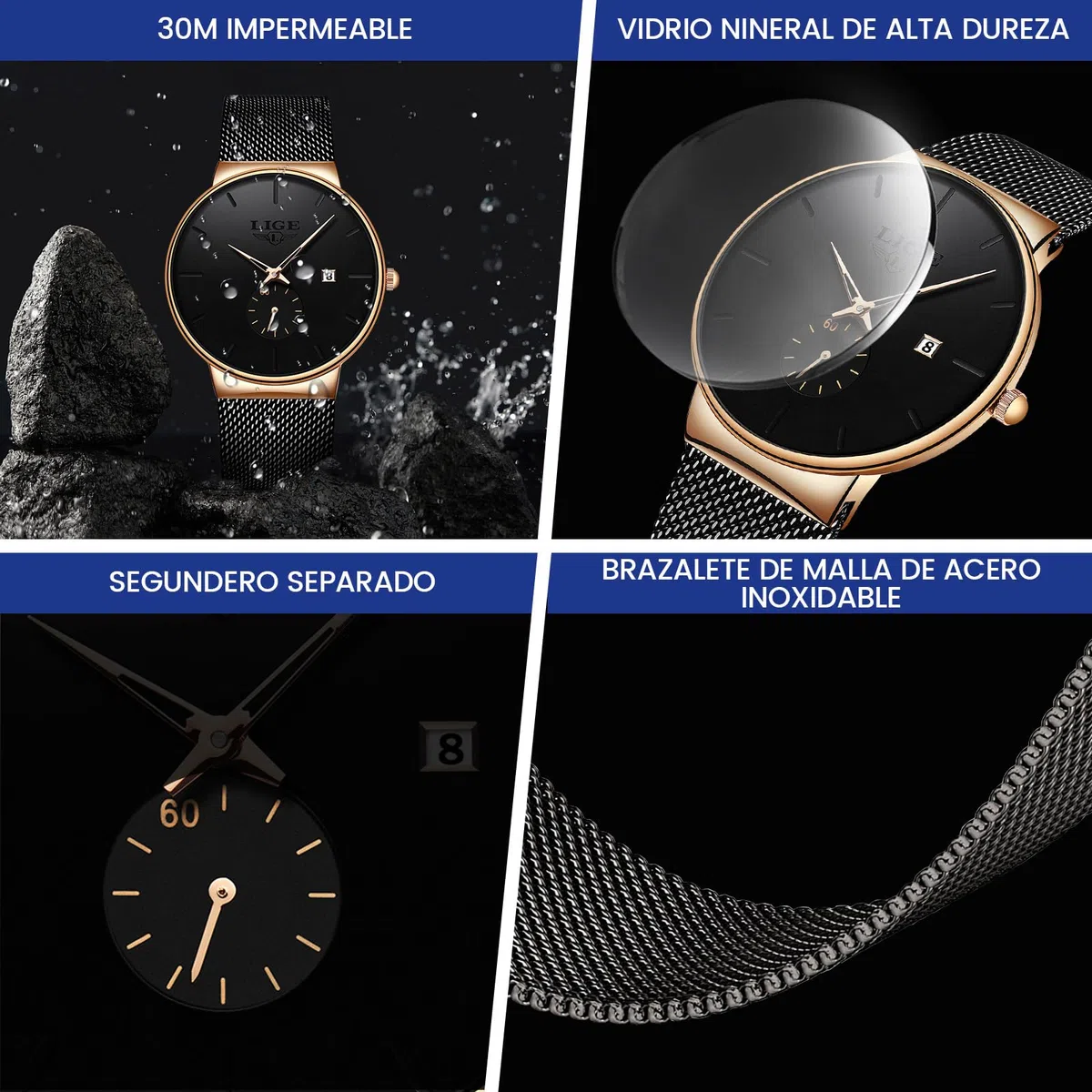 LIGE Reloj Hombre Relojes Analógico Elegante para Caballero Clasico Men Watch Vintage Resistente Al Agua Movimiento Japonés De Cuarzo Fecha Acero Inoxidable Estilo Delgado Mens Watches