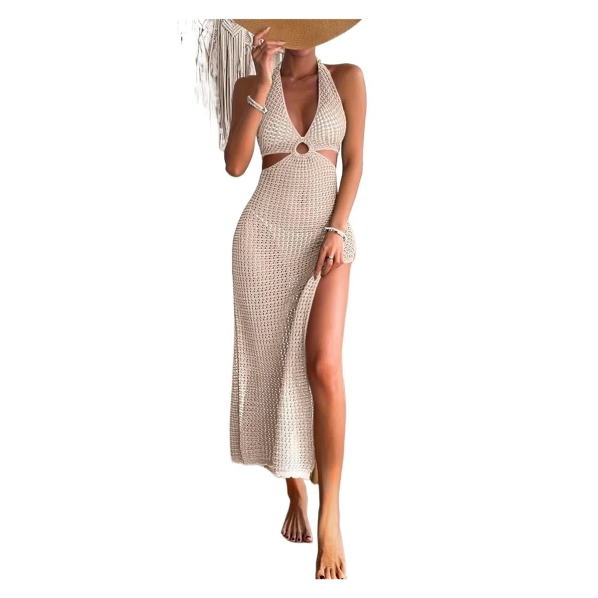 Vestido de Playa de Ganchillo Vestido Largo sin Mangas con Cuello Halter de Crochet Beige for Mujer for Vacaciones en la Playa Verano