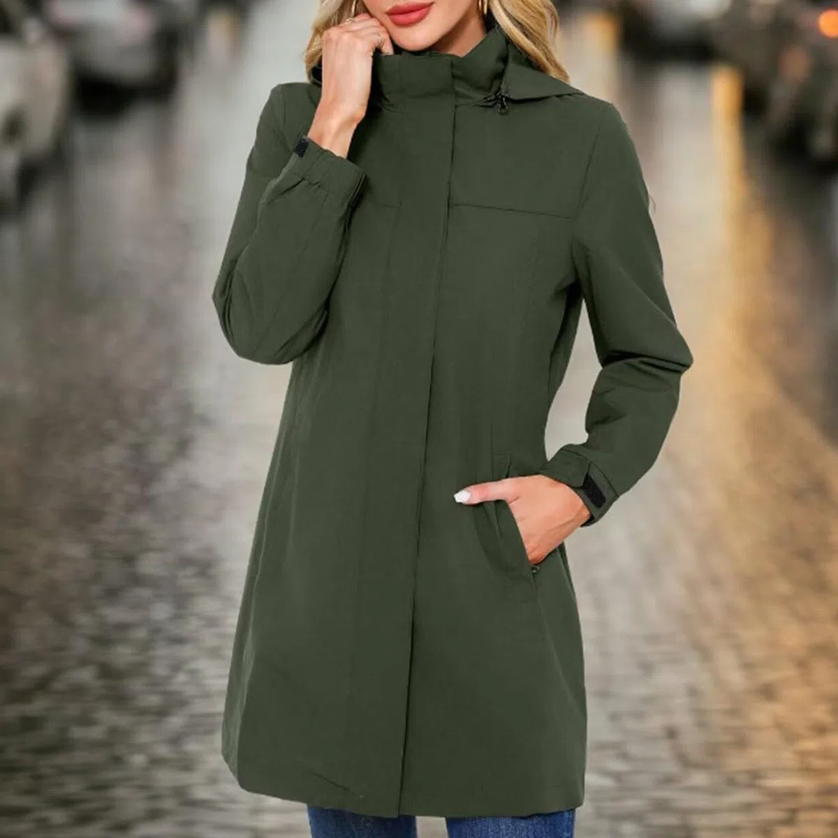 Generisch Poncho de lluvia para mujer, largo, impermeable, con capucha, transpirable, cortavientos, chaqueta de manga larga con cremallera, chaqueta ligera para el tiempo libre
