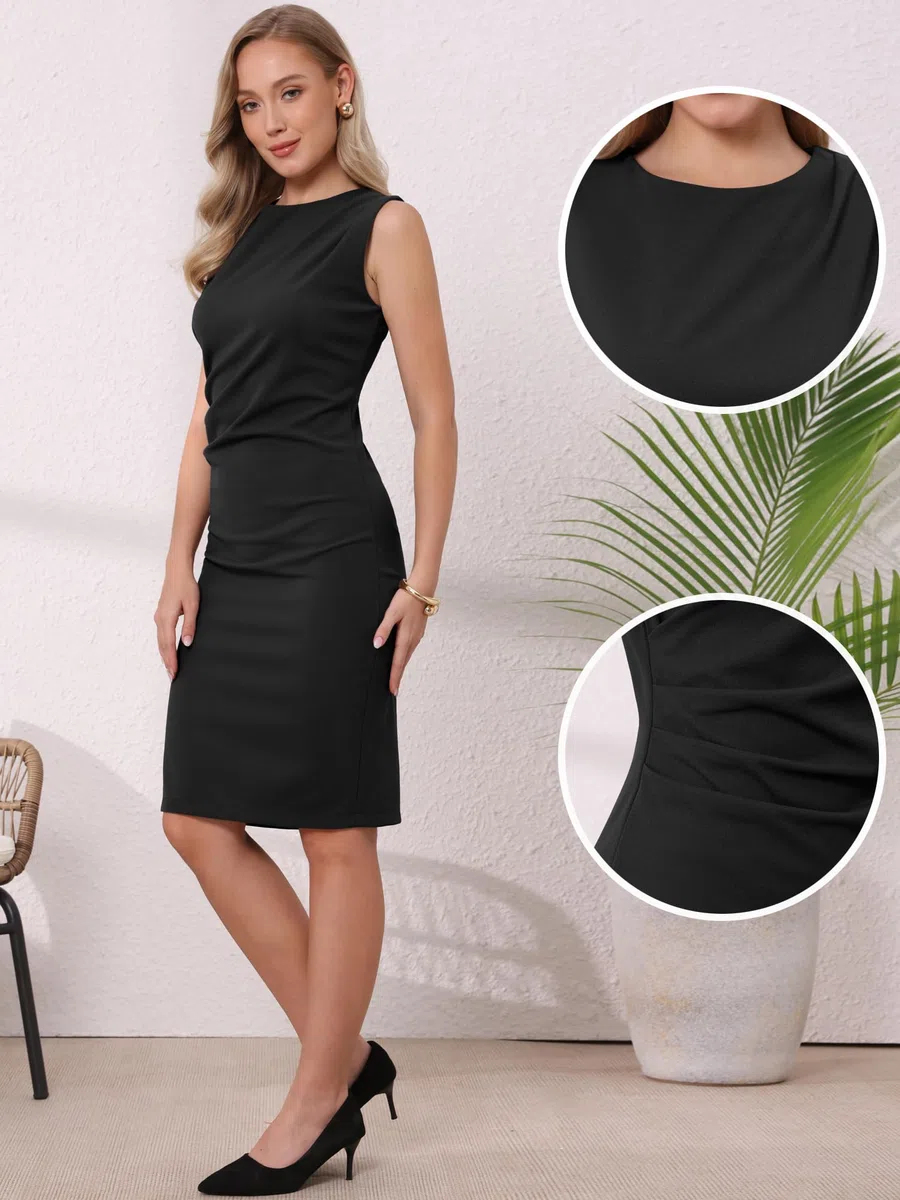 Allegra K Elegante vestido de trabajo para mujer, sin mangas, cuello redondo, vestido de oficina, formal, vestido de tubo