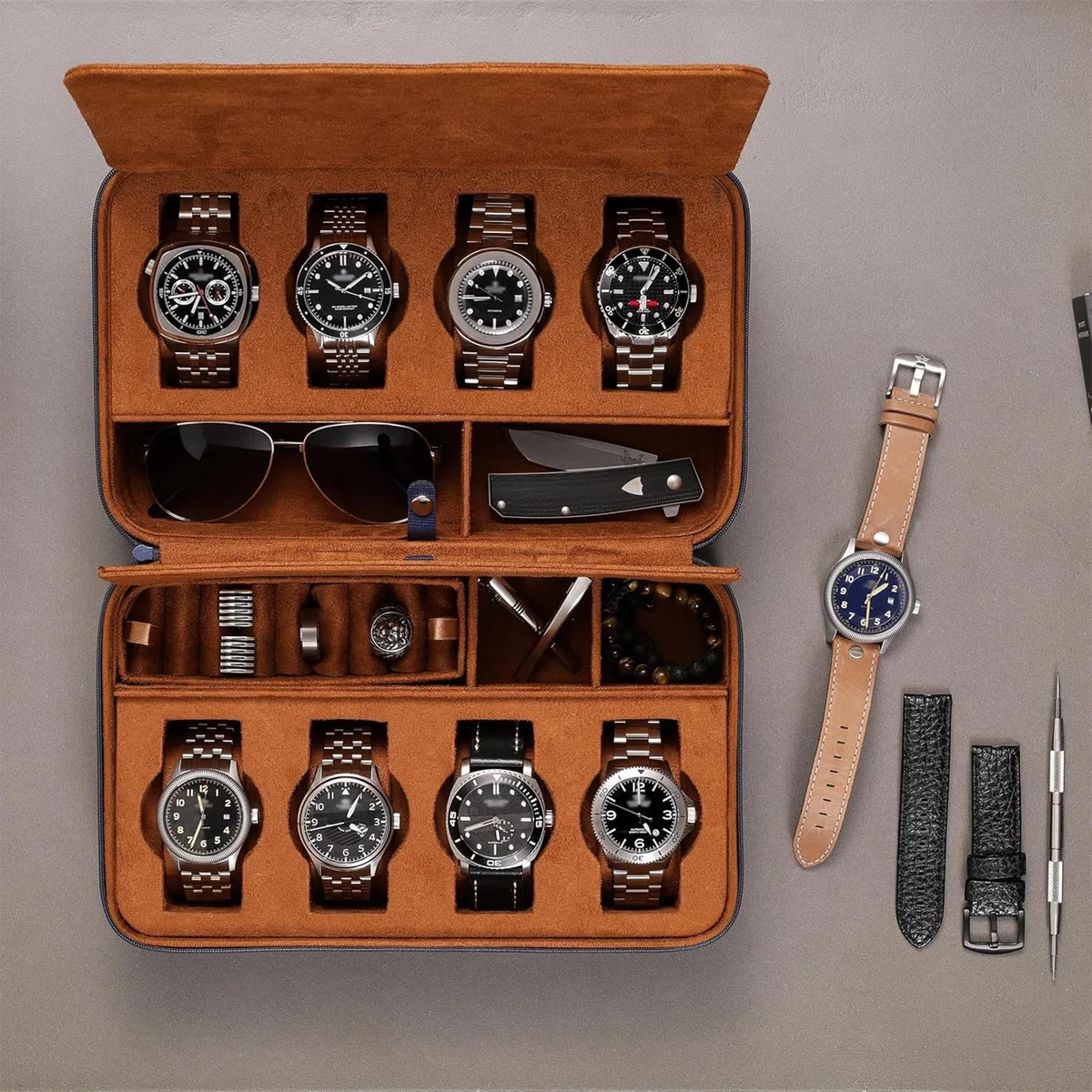 ROTHWELL Estuche organizador de viaje para 8 relojes, 2 pares de gafas de sol, anillos y gemelos, protección portátil resistente con cremallera, se adapta a todos los relojes de pulsera y relojes