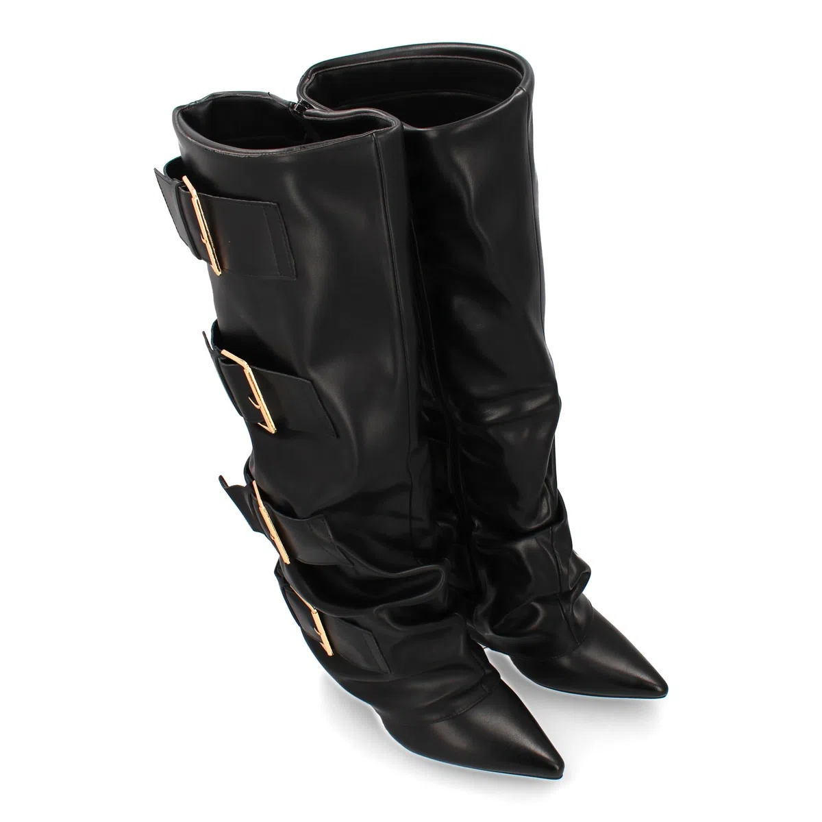Botas Altas para Mujer con Hebillas y Efecto de Forro. Punta Fina y Tacon Comodo, Estilo Moderno y Elegante, Ideal para la Temporada Otono Invierno.