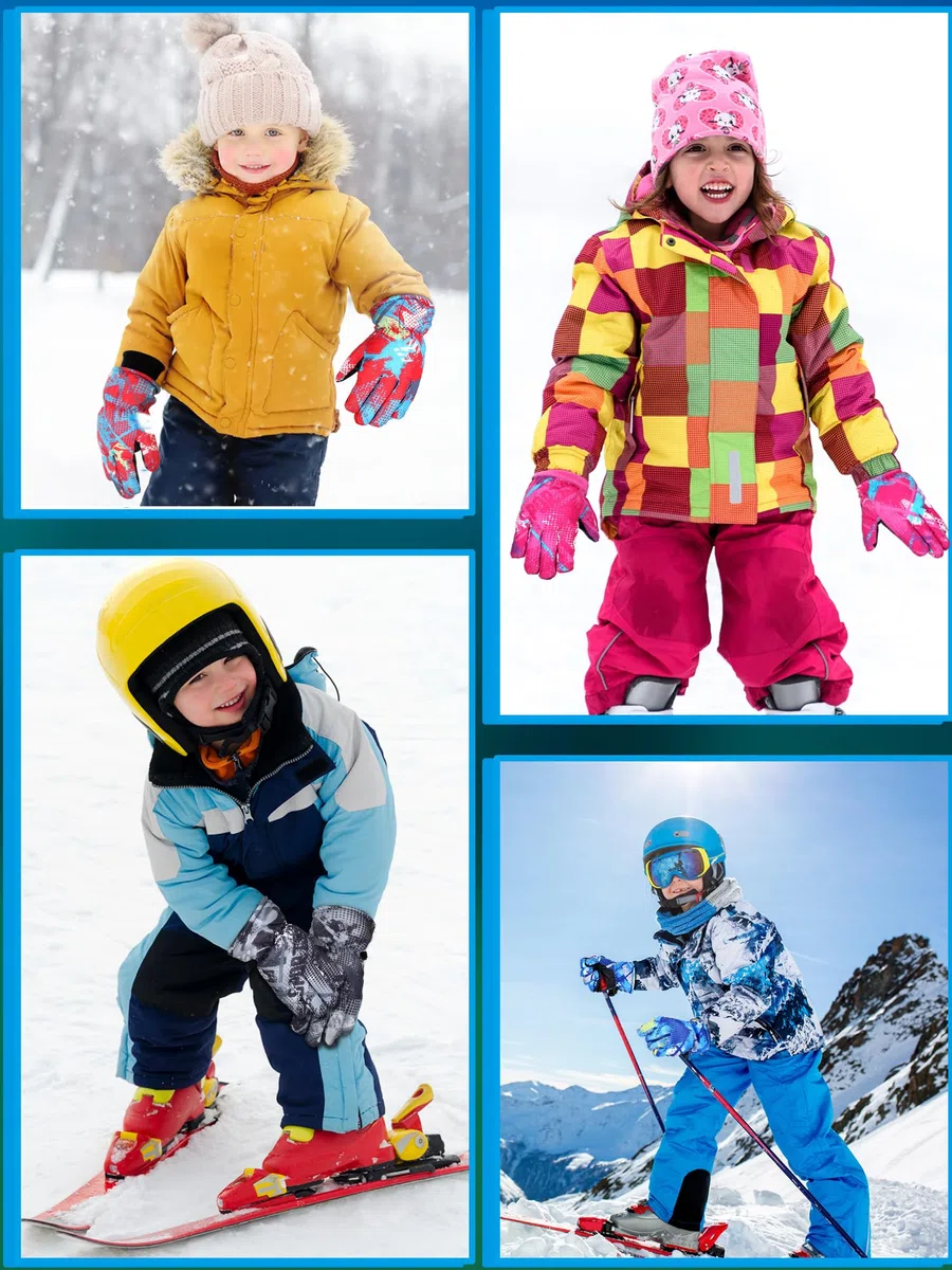 Bencailor 6 Pares Guantes de Esquí para Niños Guantes de Nieve Cálidos Impermeables a Prueba de Viento para Deportes Esquiar Invierno Infantiles (8-12 años, Rojo, Azul, Rosa, Gris, Verde, Negro)