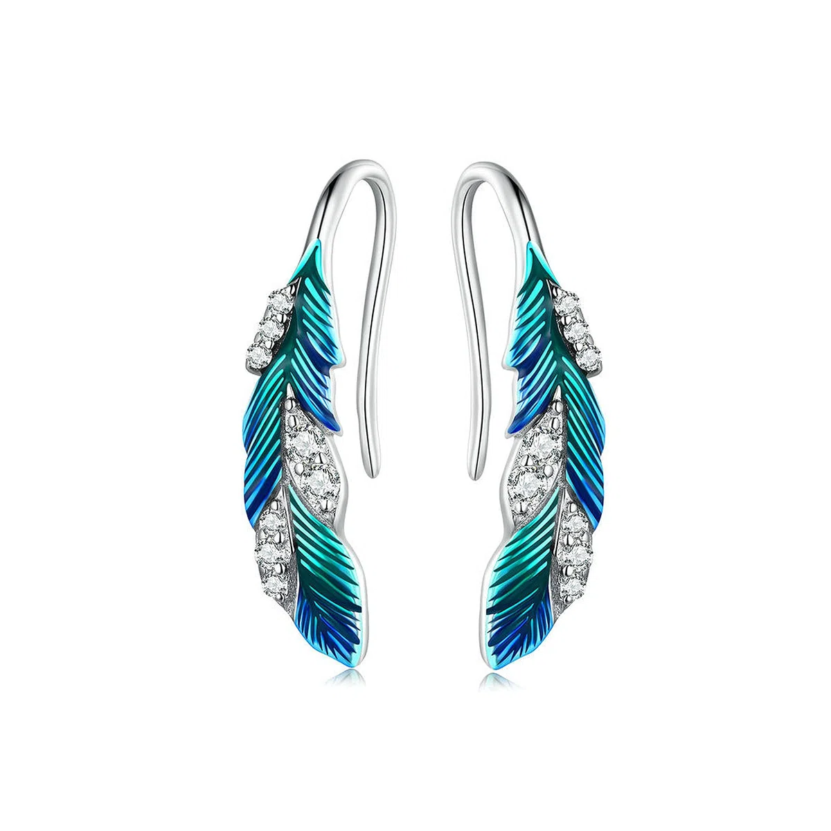 Juego de joyas de plata de ley 925 con diseño de plumas bohemias, esmalte azul, anillo de plumas y aretes de plumas para mujer