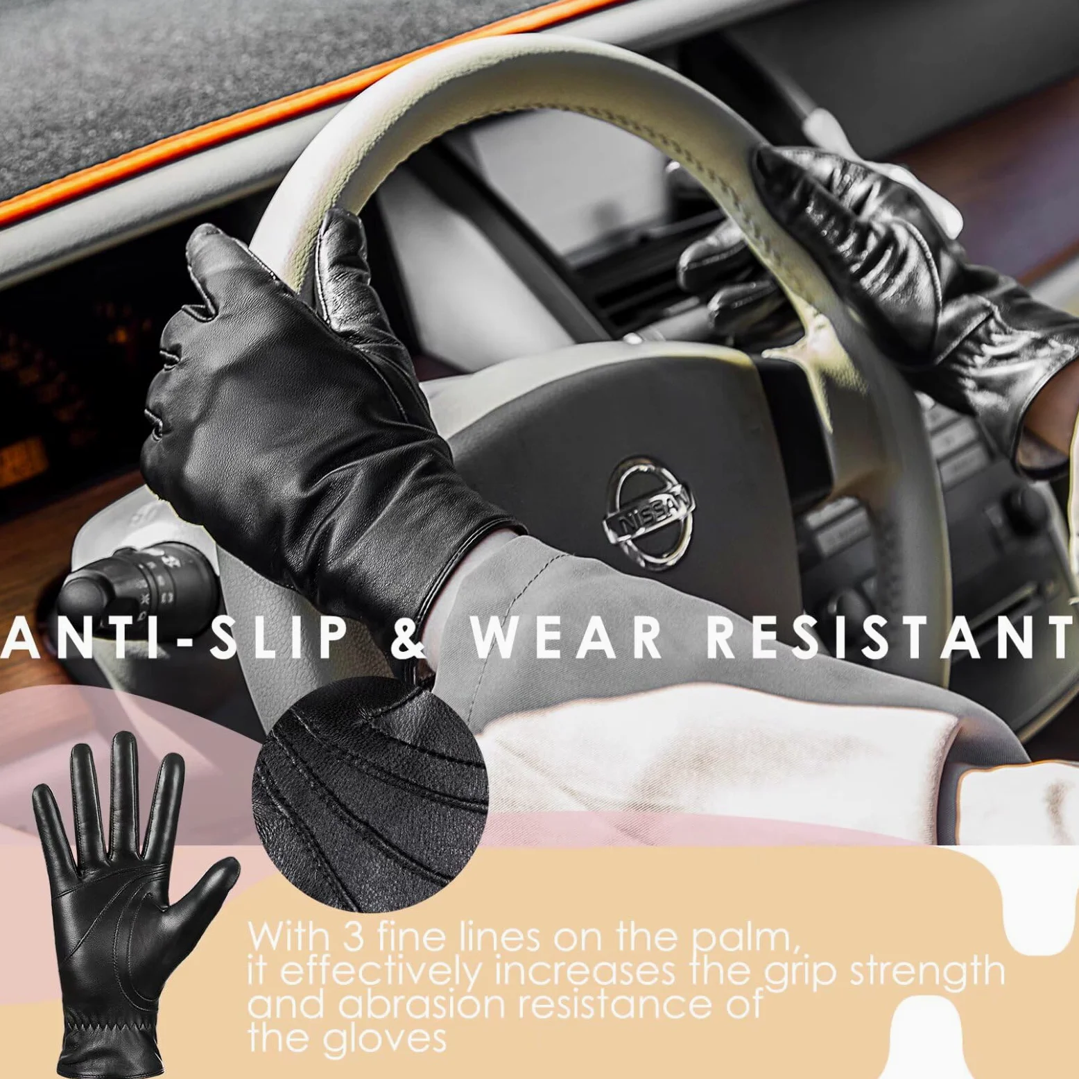 Guantes de piel de oveja de invierno para mujer, moda para conducir, pantalla táctil, con forro térmico de cachemira, Negro, Large