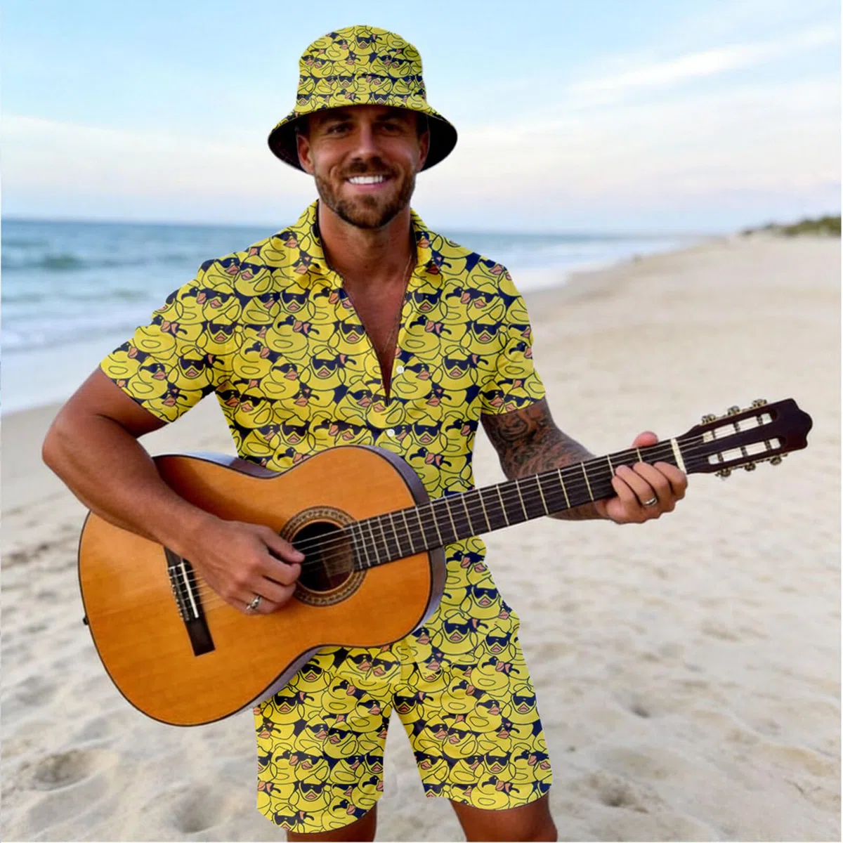 Conjunto de 2 piezas para hombre, camisa hawaiana con botones y pantalones cortos de compresión con sombreros de pescador