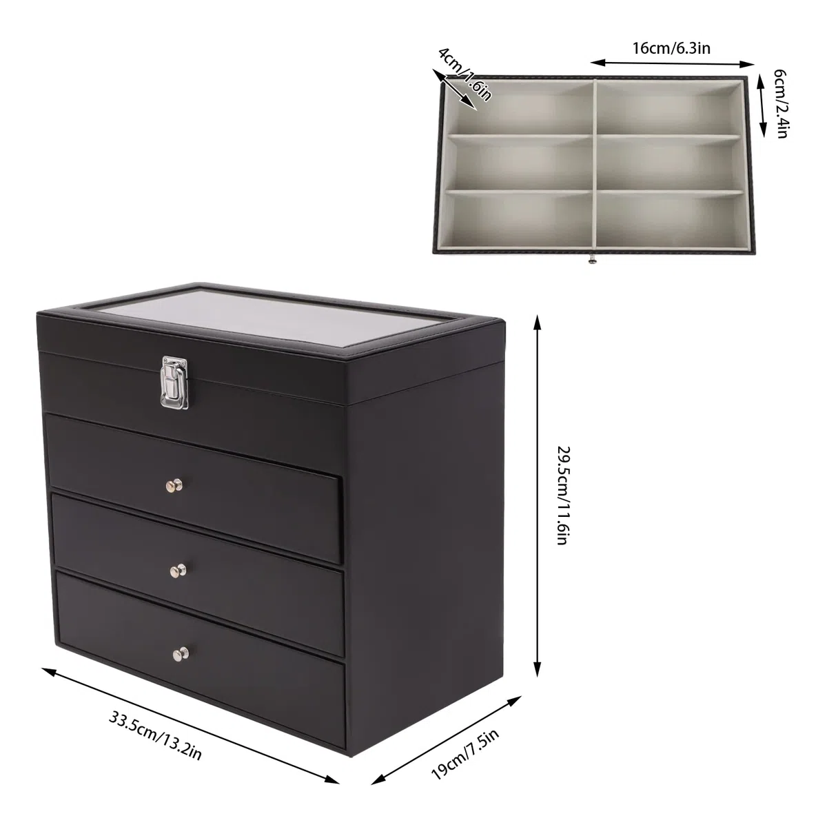 Caja para gafas, caja de joyas, caja de relojes, organizador, vitrina, terciopelo, 4 niveles, tapa de cristal de 33,5 cm, tapa de cristal para gafas de sol, reloj, anillo, pulsera, cómoda