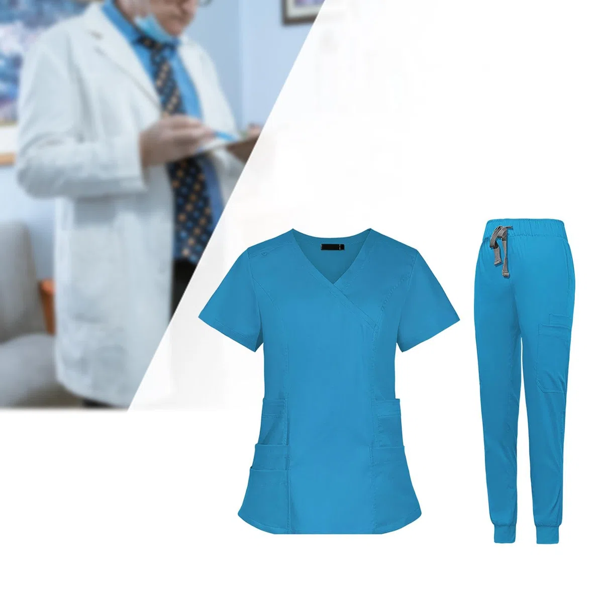Uniforme de Enfermera con Top de Cuello en Pantalón Jogger Manga Corta y Bolsillos Prácticos Material Transpirable Adecuado para Mujeres en