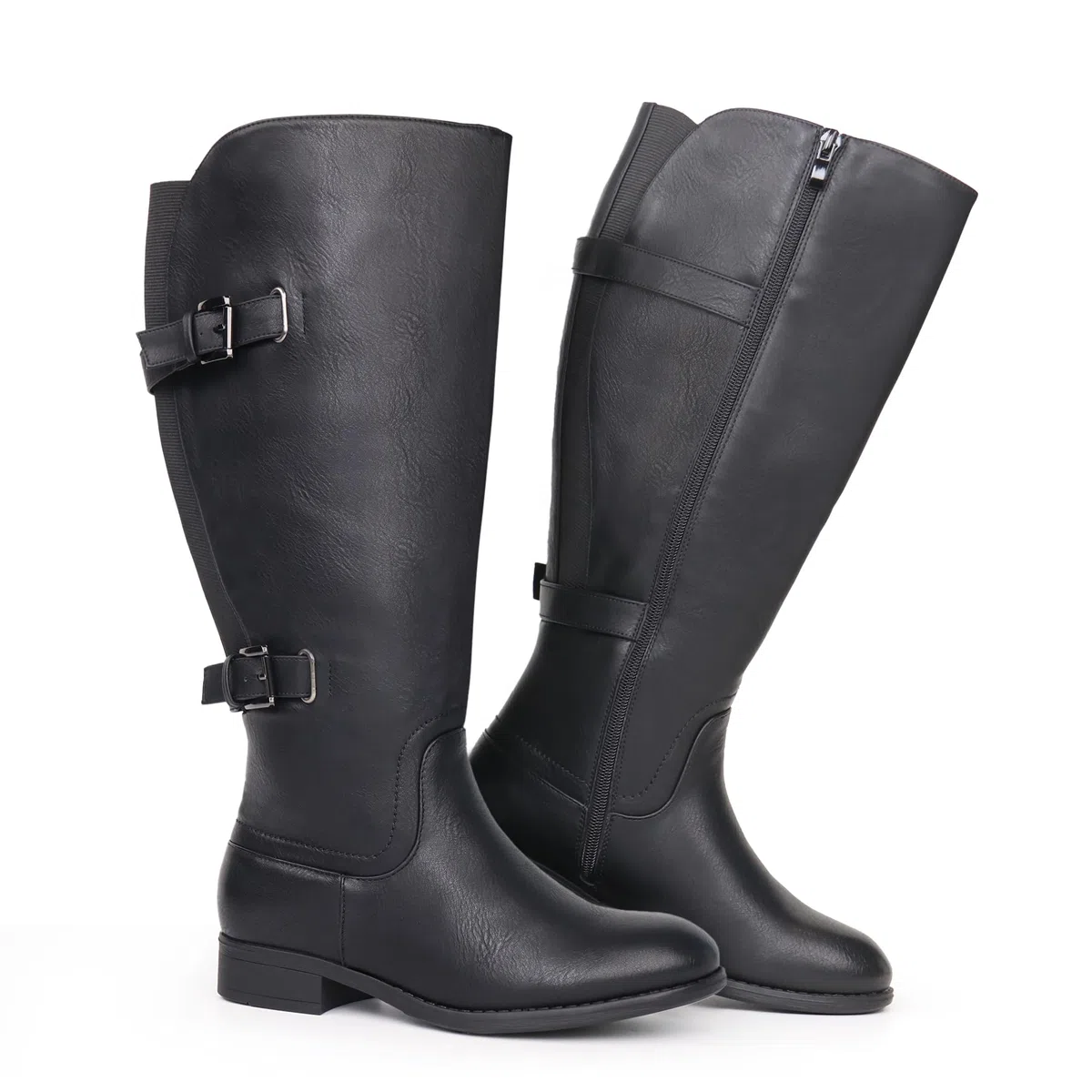 Botas clásicas de caña ancha con tacón plano y doble hebilla trasera elásticas para mujer