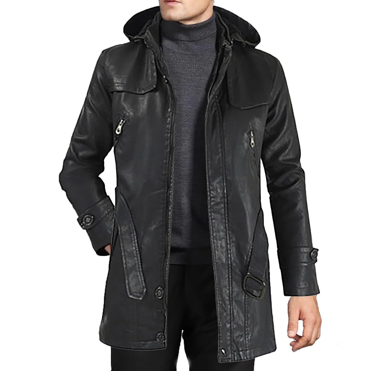 Chaqueta de cuero para hombre, abrigo largo de 3/4 de largo con capucha desmontable, chaqueta parka larga negra, gabardina negra para hombre, abrigo con capucha de safari resistente al viento, abrigo