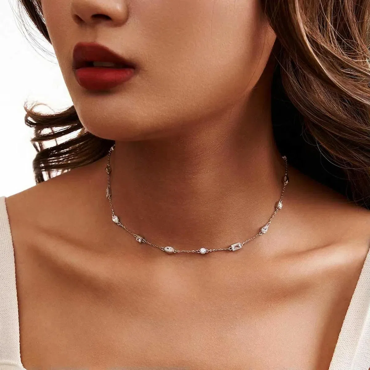 Collar De Plata De Ley 925 Con Circonita Cúbica Transparente 5a, Gargantilla Con Corte Geométrico, Cadena Sencilla Para El Cuello, Joyería Fina