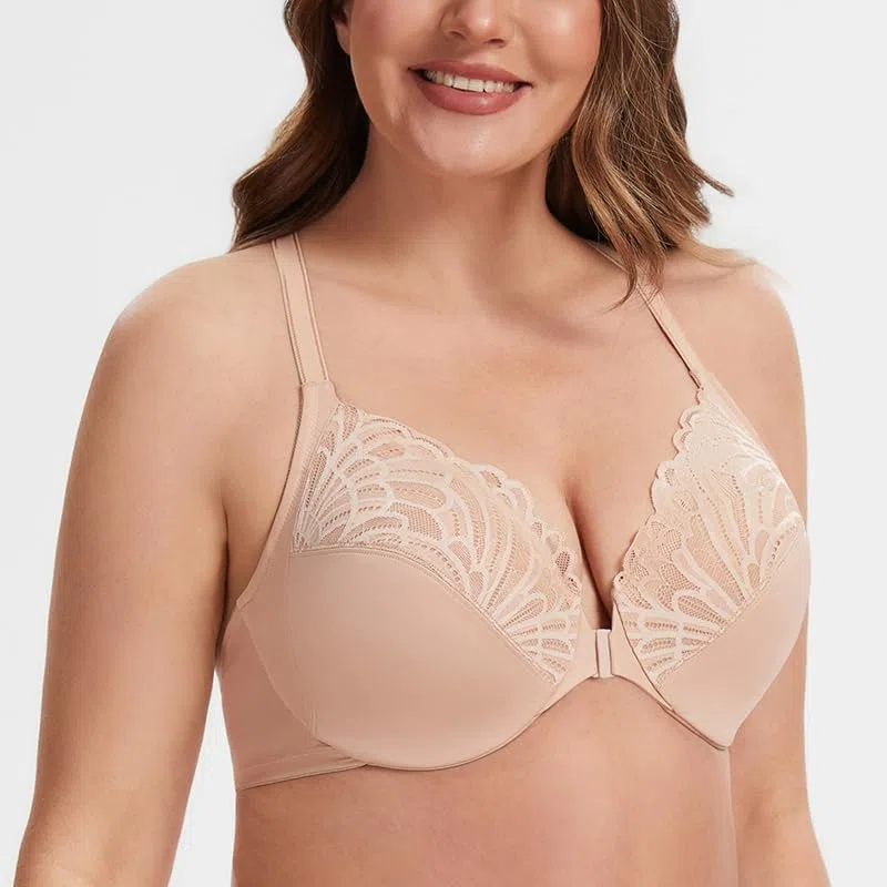 MELENECA Sujetador con Aros de Cobertura Completa para Mujer, con Cierre Frontal, Encaje, sin Forro, Talla Grande