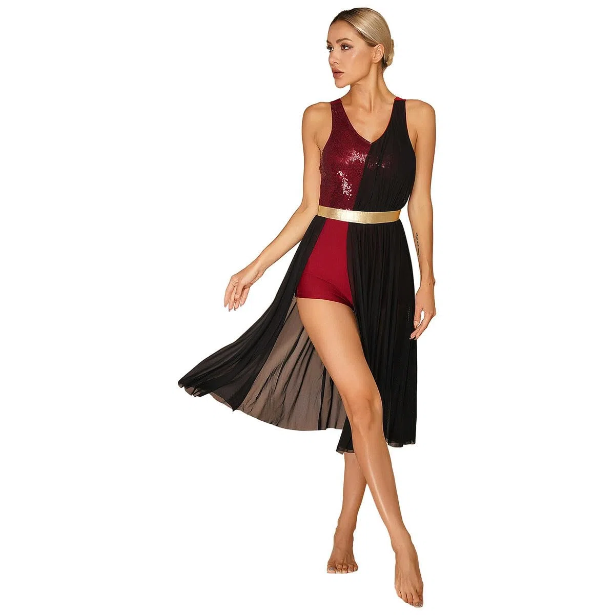 Disfraz de patinaje artístico para mujer, con lentejuelas brillantes, vestido de baile lírico, vestido de baile de graduación, cuello en V, tirantes anchos para los hombros