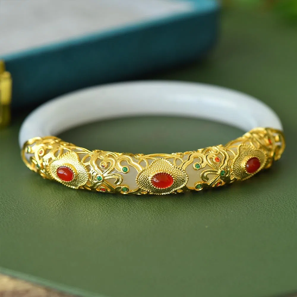 Pulsera de Brazalete de Jade Blanca para Mujeres Buena Suerte Mujer de Brazalete Rojo Rhinestones Decorados de Oro Antiguo Diseño de Incrustaciones Jade Stone Pulsera (de Piedra Jade35,58-59)