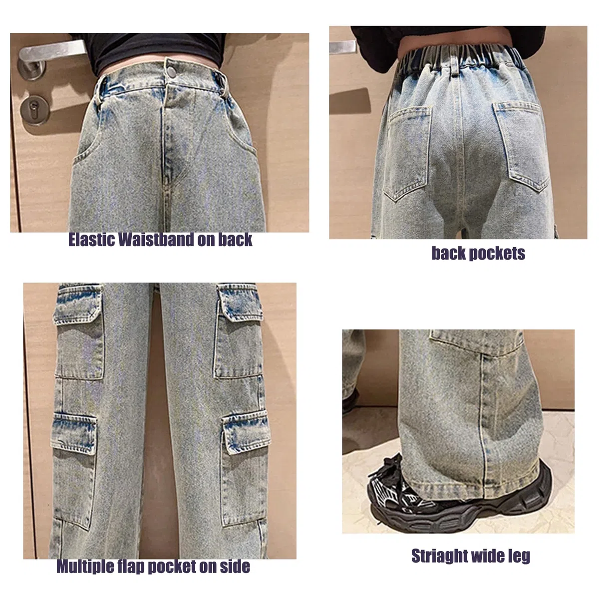 Pantalones de mezclilla para niñas de 4 a 14 años, estilo cargo, rasgados, desgastados, cintura elástica, pantalones holgados