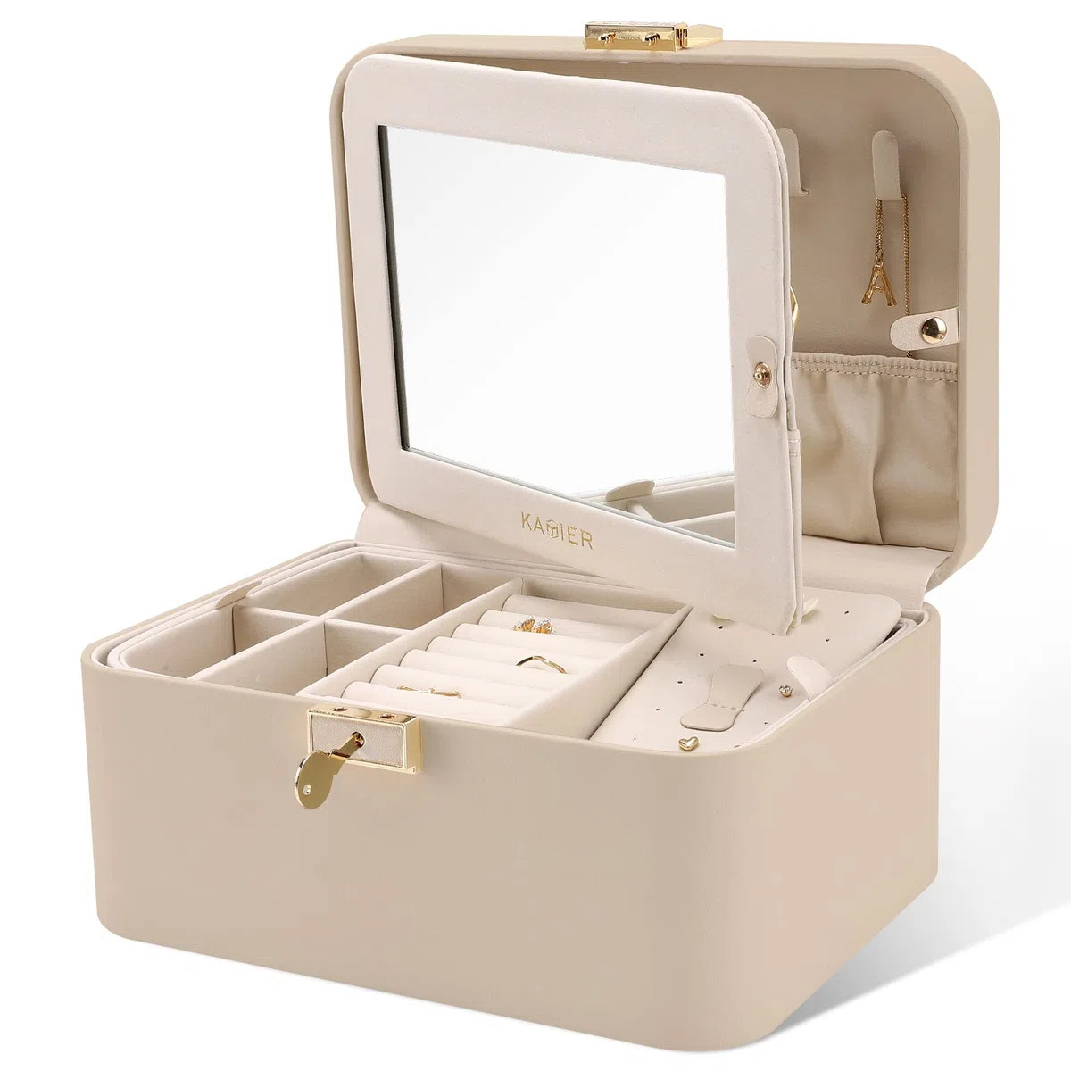 Joyero mejorado, organizador de joyas de piel sintética de 2 capas para mujer con cerradura y espejo, gancho oculto para collar y divisor extraíble, joyero de viaje de gran capacidad, ideal para