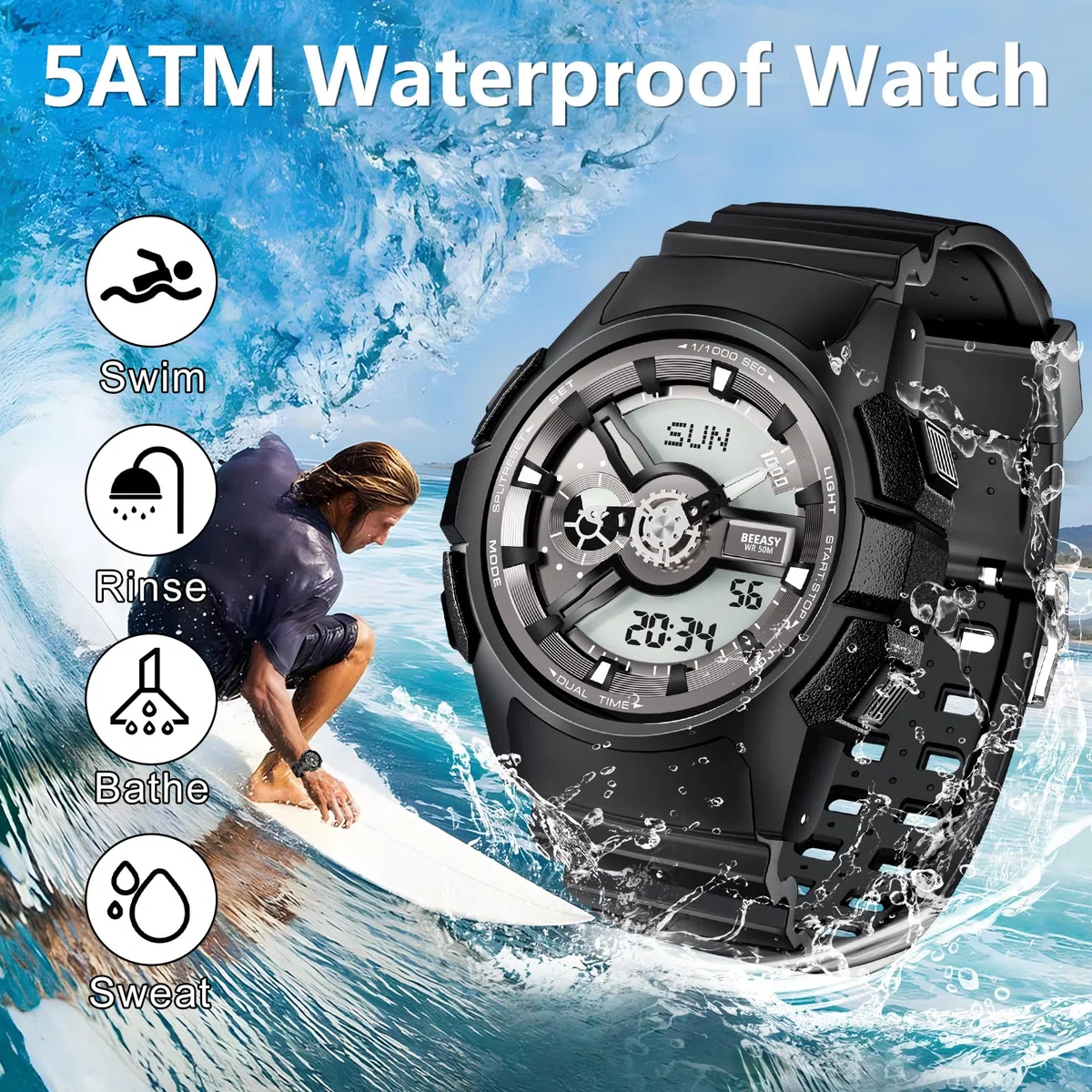 Beeasy Reloj deportivo para hombre, resistente al agua, militar, con fecha, multifunción, táctica, LED, alarma, cronómetro, Negro (Negro)