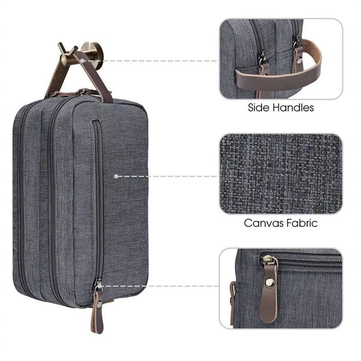 Bolsas De Aseo Neceser de Lona Informal con asa de Cuero for Hombre y Mujer, Bolsa organizadora Impermeable for Viaje, Lavado, Afeitado, Almacenamiento de artículos de tocador(Gray)