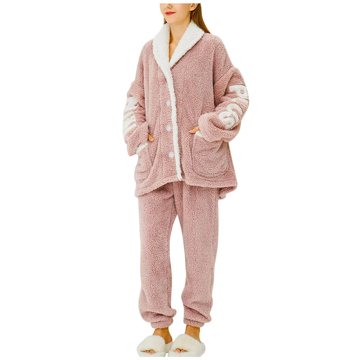Conjunto de pijama mullido y ligero para mujer, conjunto de pijama de forro polar, algodón suave, cómodo, sólido, con botones, cálido, para invierno, otoño, acogedor, cómodo, conjunto de pijama