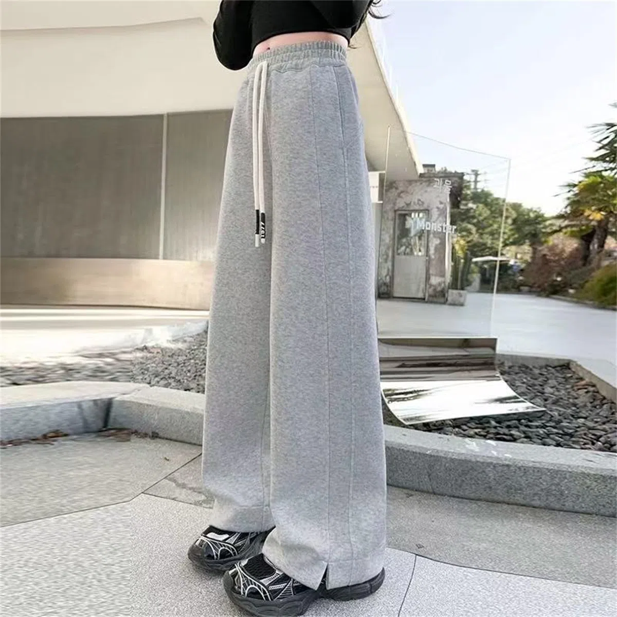 Pantalones deportivos de pierna ancha de color sólido para niños y niñas, holgados de forro polar con abertura lateral, parte inferior abierta, cómodos, para cumpleaños, sueltos, pierna recta