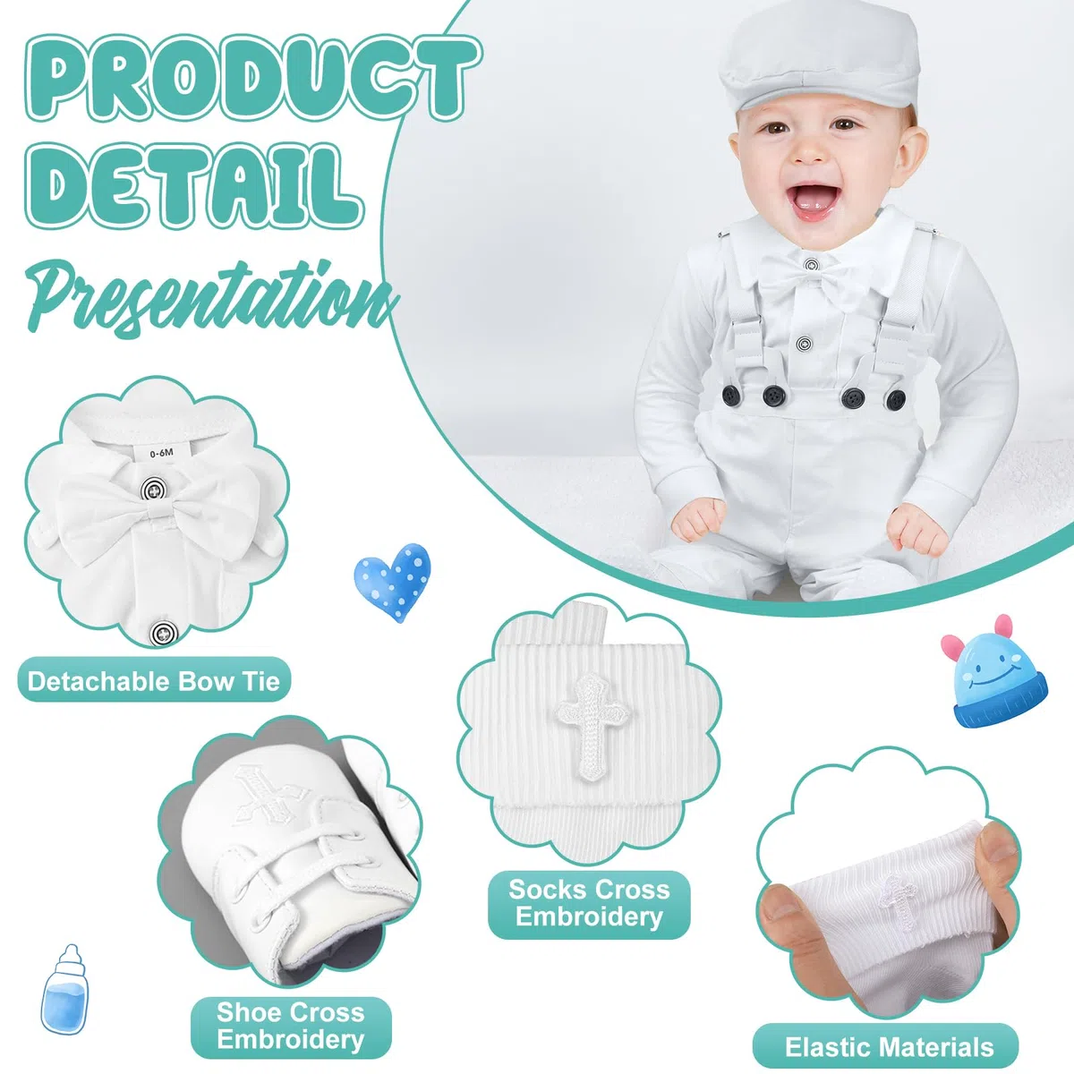 5 piezas de trajes de bautizo para bebé niño, incluye camisa, boina, sombrero, tirantes, pantalones, zapatos, calcetines, trajes de bautizo para niños