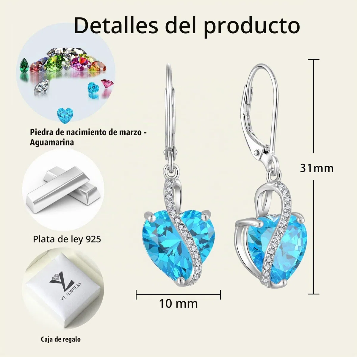 YL Pendientes Corazón Plata de Ley 925 con 12 piedras de Nacimiento Circonita Pendientes para Mujer