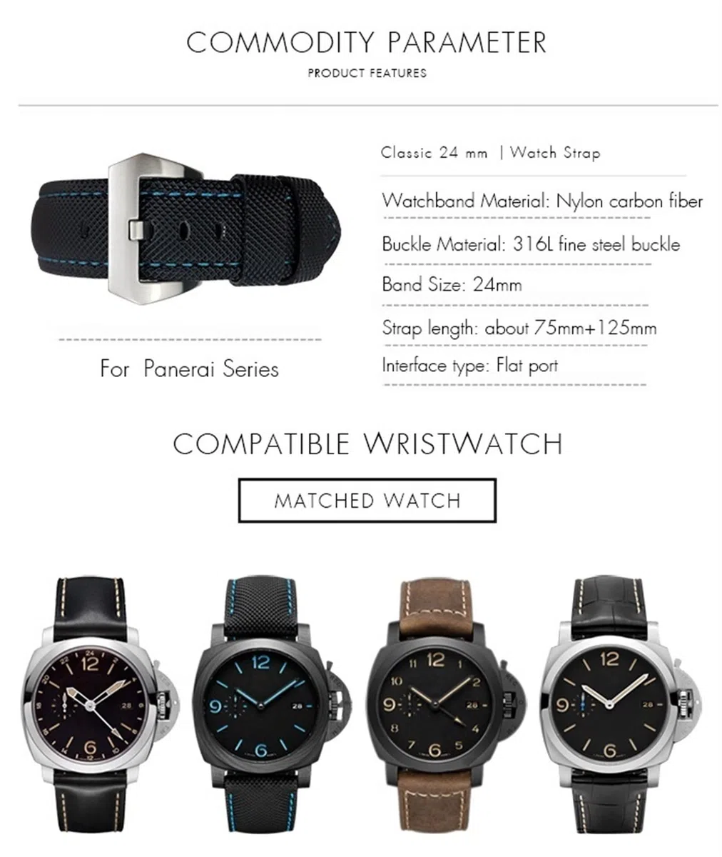 NFFRK Correa de reloj de fibra de carbono de 24mm, pulseras de reloj negras para Panerai pam01661/00441, correas de reloj para hombre, accesorios